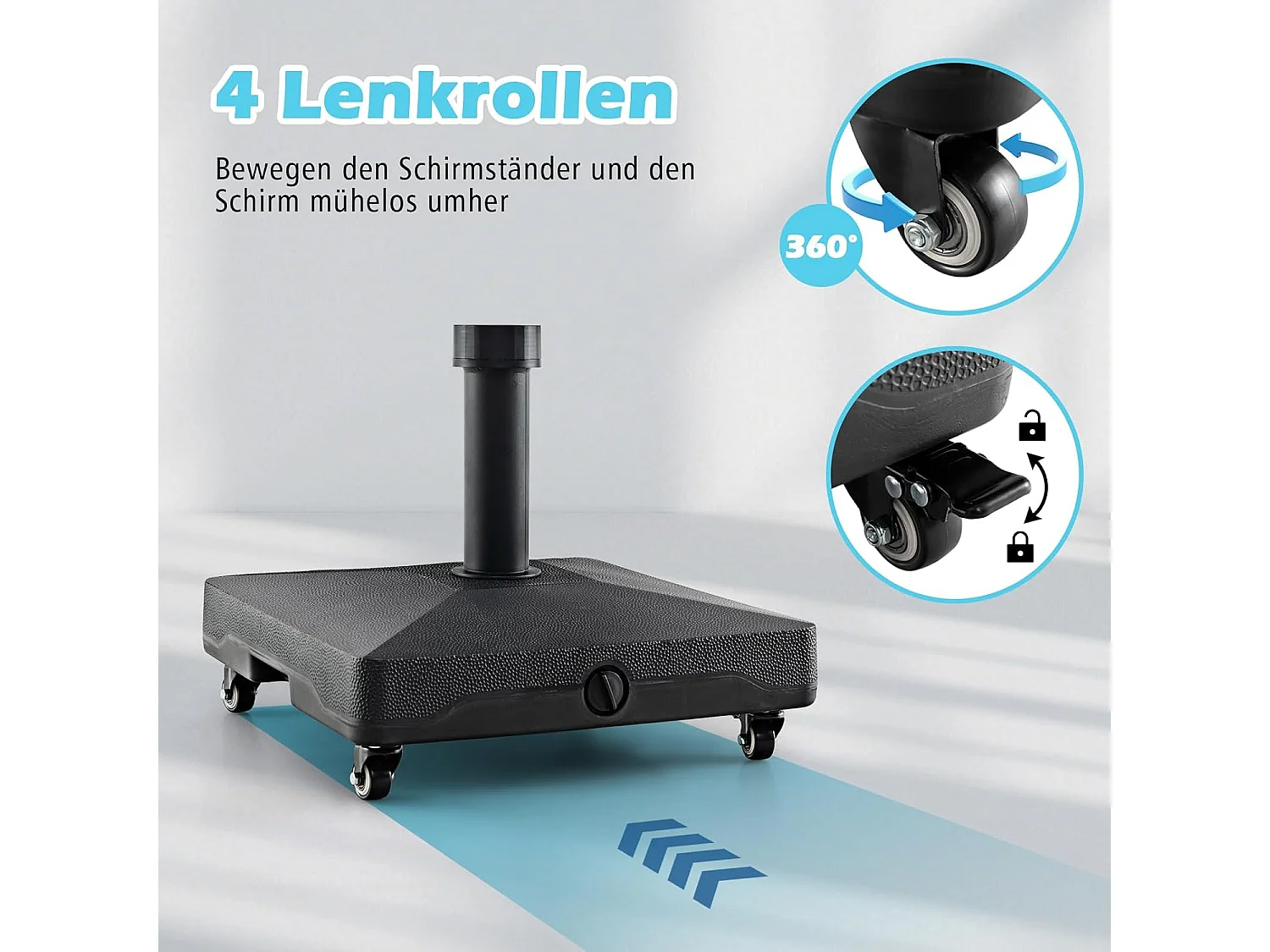 Parasolstandaard met wieltjes, parasolstandaard te vullen met water of zand, marktparaplustandaard voor parasolstangen van 32/48 mm