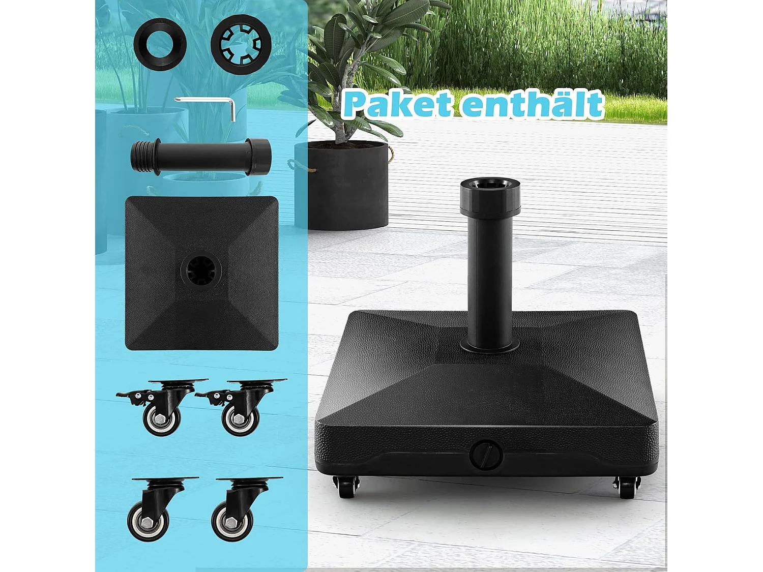 Parasolstandaard met wieltjes, parasolstandaard te vullen met water of zand, marktparaplustandaard voor parasolstangen van 32/48 mm