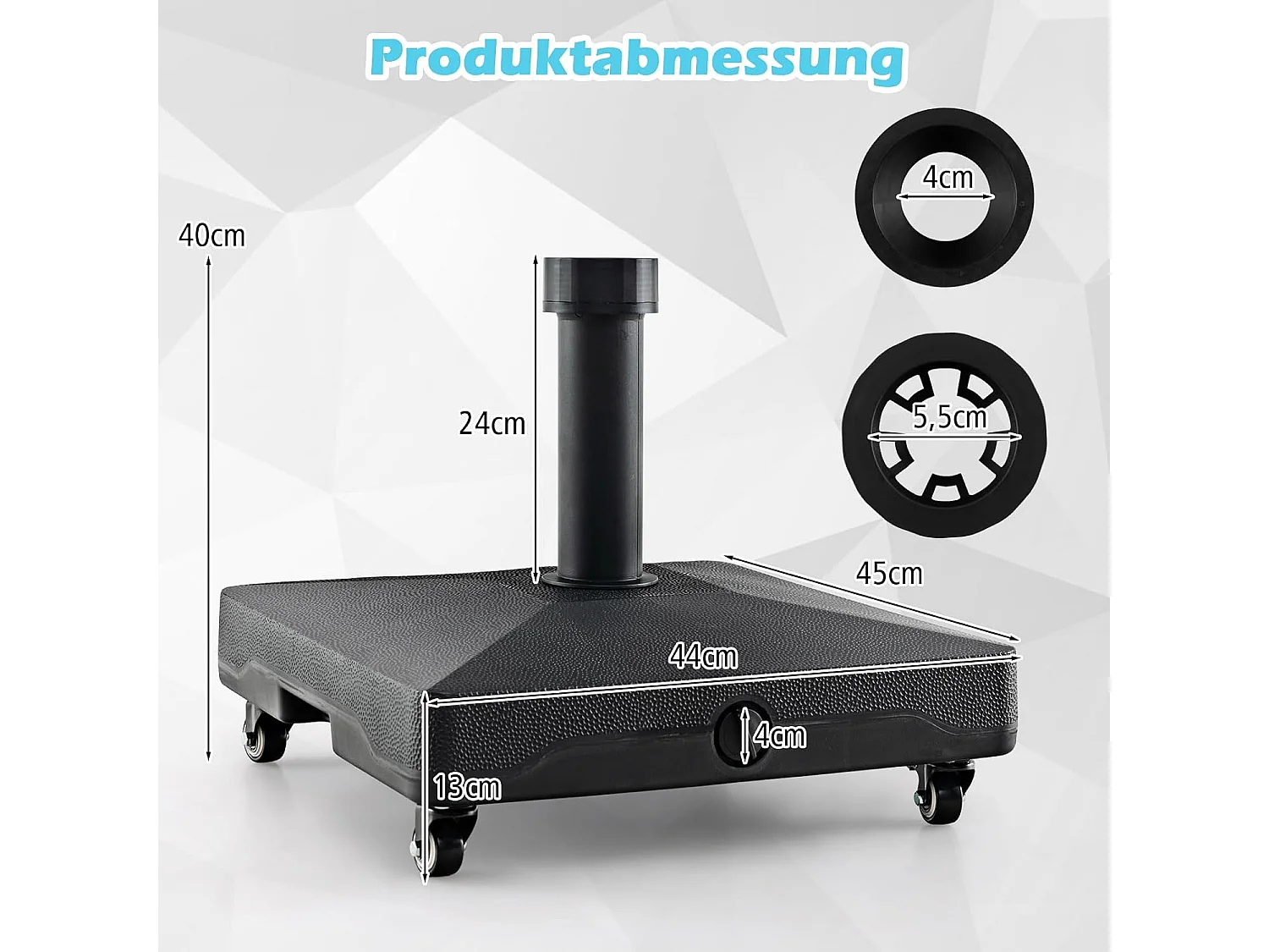 Parasolstandaard met wieltjes, parasolstandaard te vullen met water of zand, marktparaplustandaard voor parasolstangen van 32/48 mm