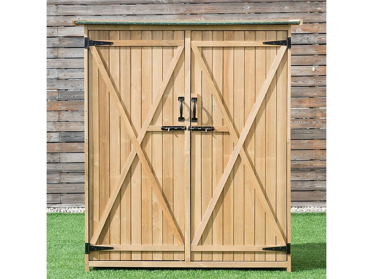 Tuinkast van hout, gereedschapsschuur, weerbestendig, gereedschapsschuur, tuinhuis, houten schuur met zadeldak, tuinkast, 140 x 50 x 162 cm