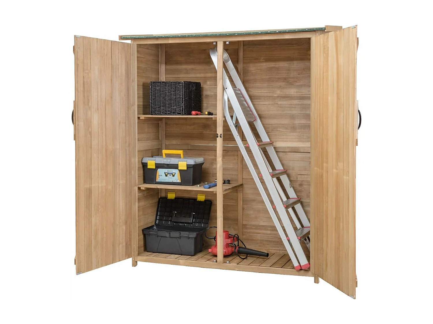 Tuinkast van hout, gereedschapsschuur, weerbestendig, gereedschapsschuur, tuinhuis, houten schuur met zadeldak, tuinkast, 140 x 50 x 162 cm