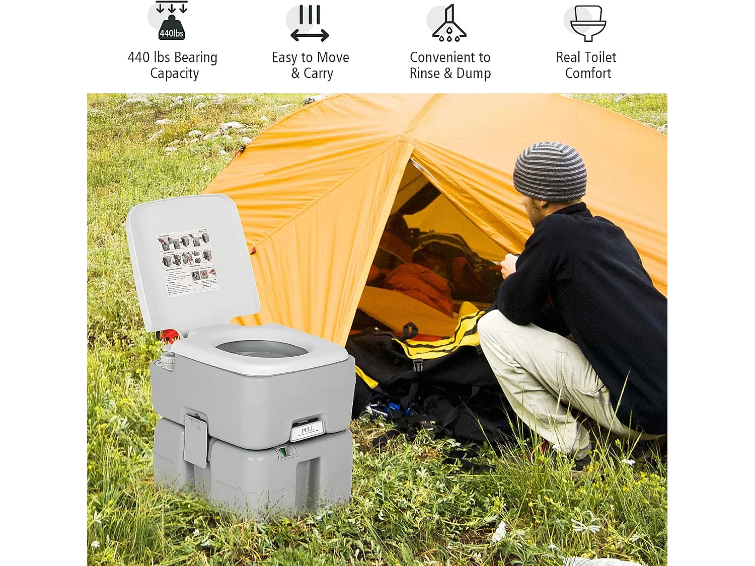 Campingtoilet van 20 + 10 liter, met afneembare afvalwatertank, campingtoilet, draagbaar, reistoilet, mobiel toilet voor reizen,camping en camper