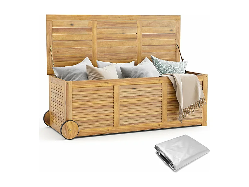 Houten tuinbox, opbergdoos met wieltjes, opbergdoos met 2-in-1 afdekking en handvat, kussenbox, tuinkist voor tuin, balkon, 127 x 50 x 45 cm