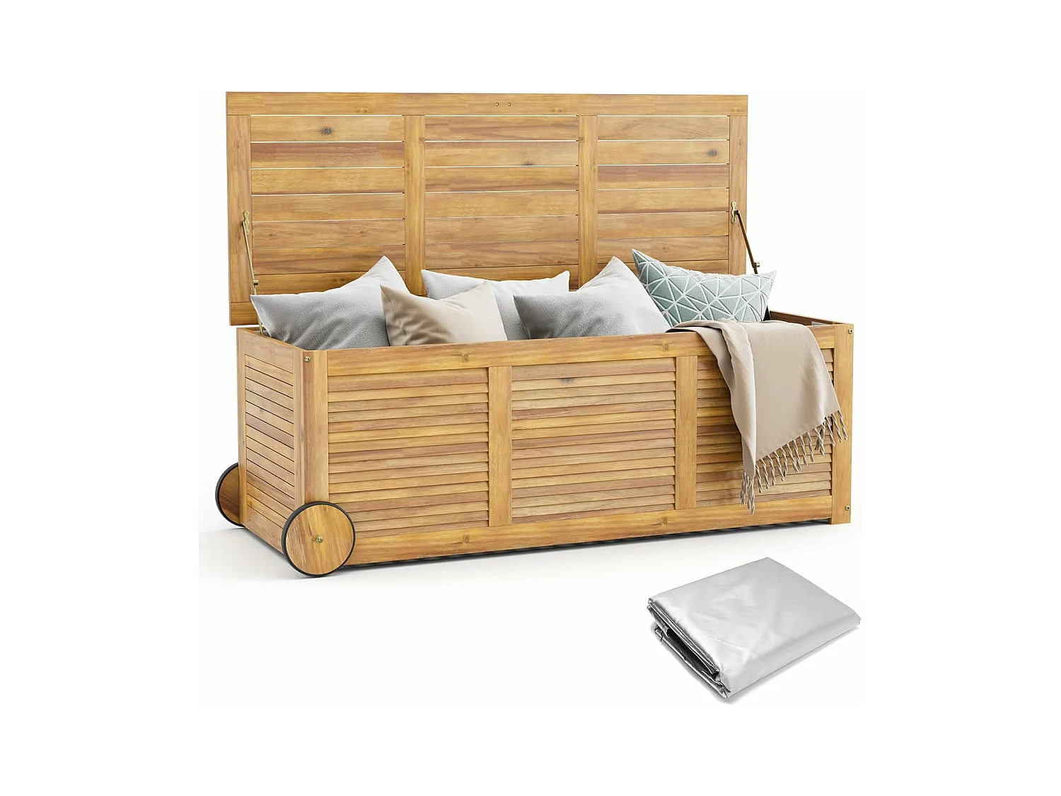 Houten tuinbox, opbergdoos met wieltjes, opbergdoos met 2-in-1 afdekking en handvat, kussenbox, tuinkist voor tuin, balkon, 127 x 50 x 45 cm