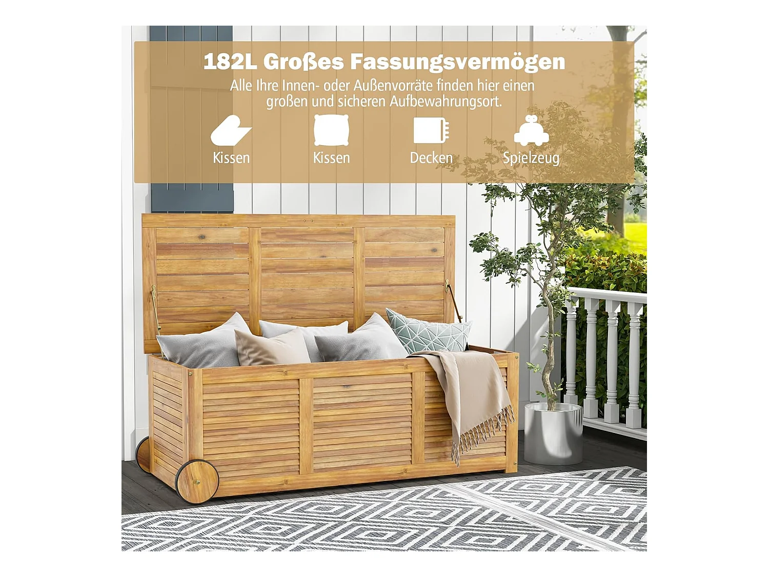Houten tuinbox, opbergdoos met wieltjes, opbergdoos met 2-in-1 afdekking en handvat, kussenbox, tuinkist voor tuin, balkon, 127 x 50 x 45 cm