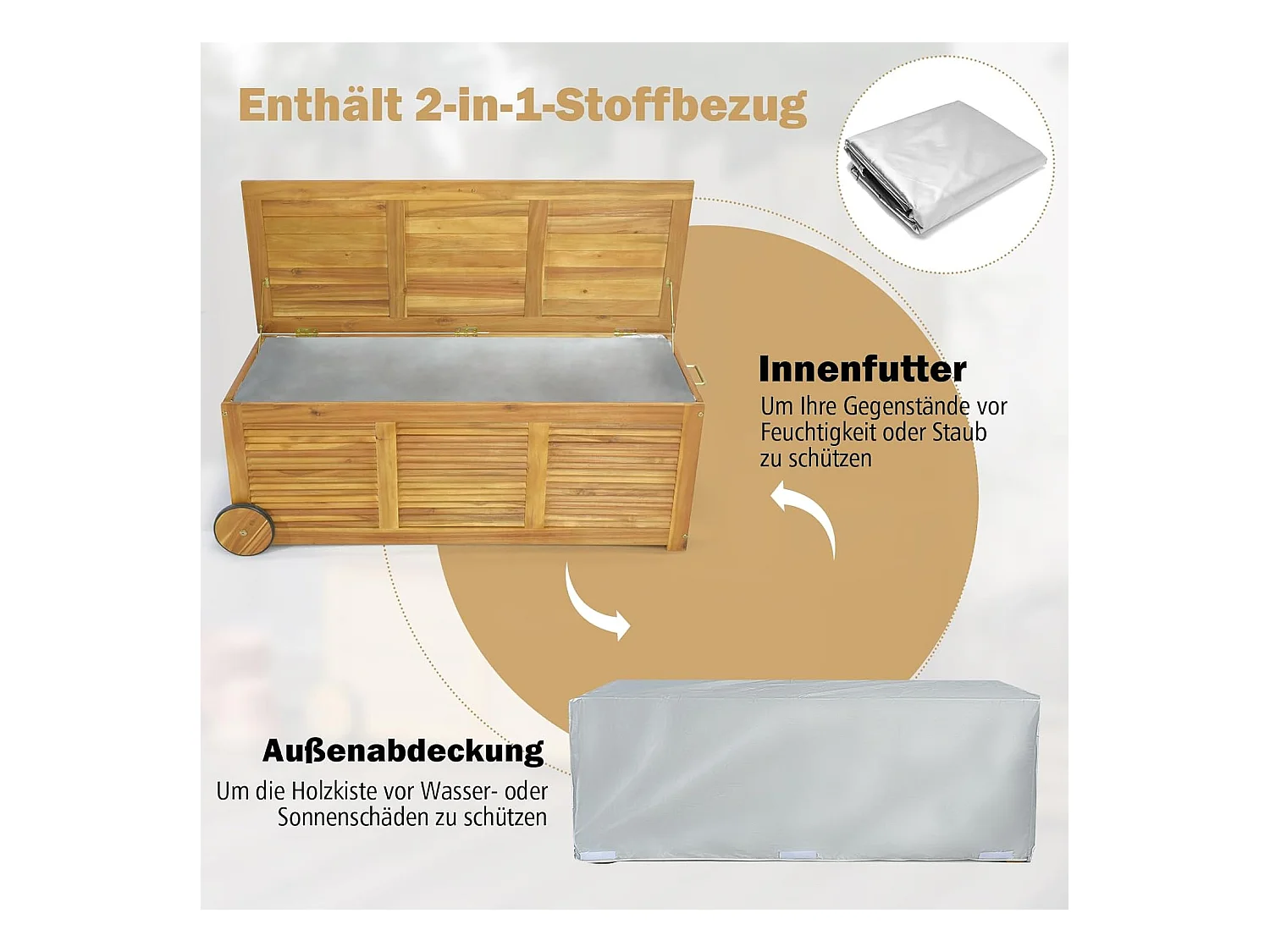 Houten tuinbox, opbergdoos met wieltjes, opbergdoos met 2-in-1 afdekking en handvat, kussenbox, tuinkist voor tuin, balkon, 127 x 50 x 45 cm