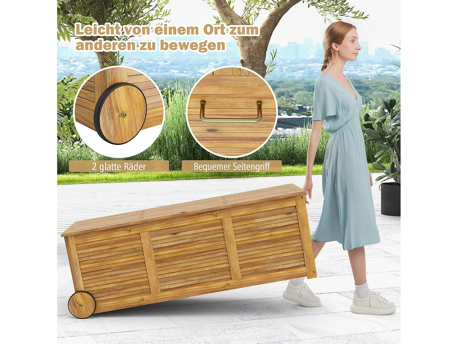 Houten tuinbox, opbergdoos met wieltjes, opbergdoos met 2-in-1 afdekking en handvat, kussenbox, tuinkist voor tuin, balkon, 127 x 50 x 45 cm