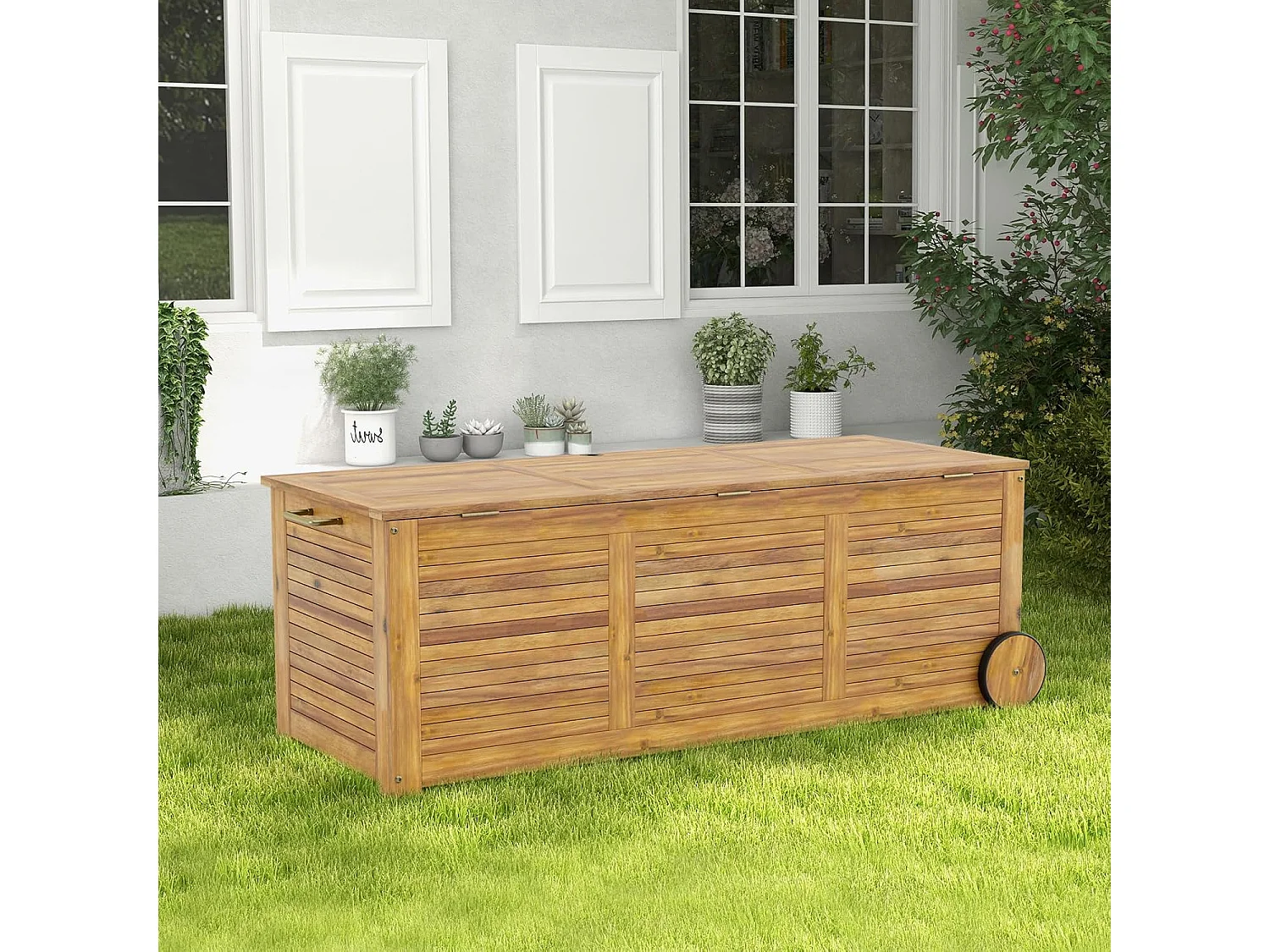 Houten tuinbox, opbergdoos met wieltjes, opbergdoos met 2-in-1 afdekking en handvat, kussenbox, tuinkist voor tuin, balkon, 127 x 50 x 45 cm