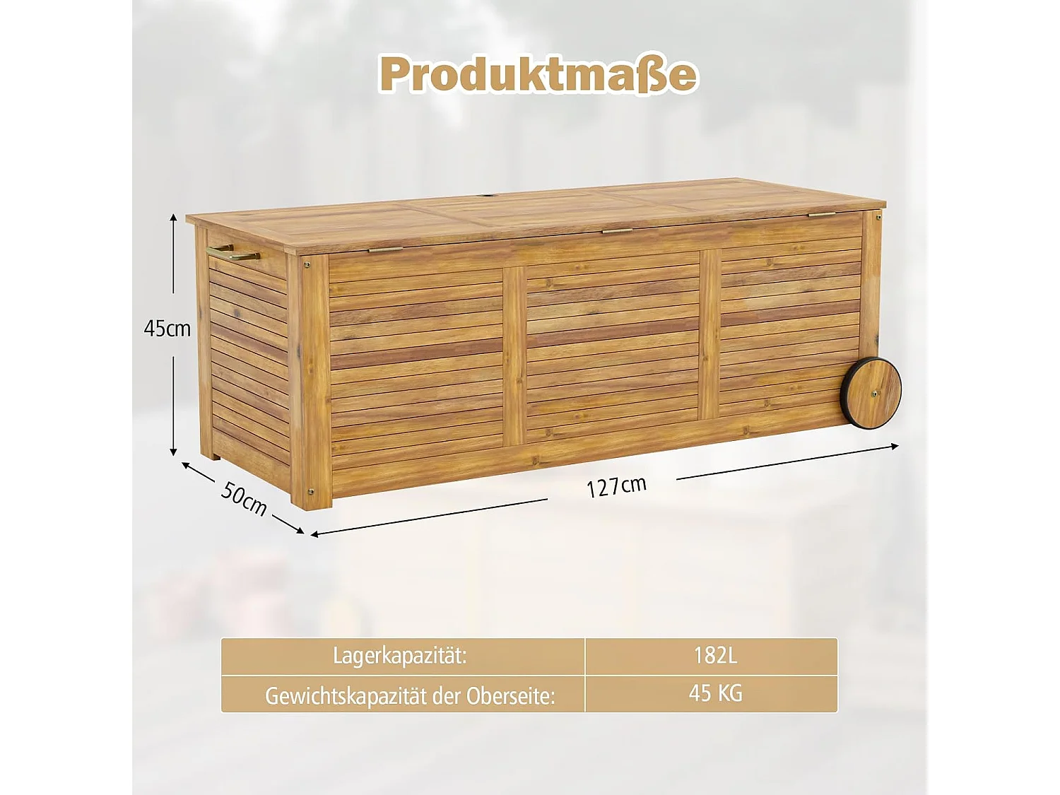 Houten tuinbox, opbergdoos met wieltjes, opbergdoos met 2-in-1 afdekking en handvat, kussenbox, tuinkist voor tuin, balkon, 127 x 50 x 45 cm