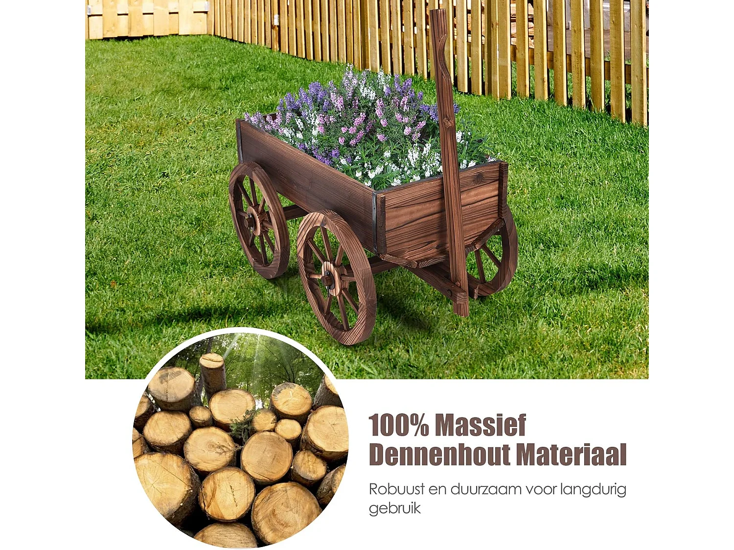 Bloemenwagen hout, plantenwagen 4 wielen, bloemkar plantenpot bolderkar tuindecoratie bruin 120 x 43 x 53,5 cm