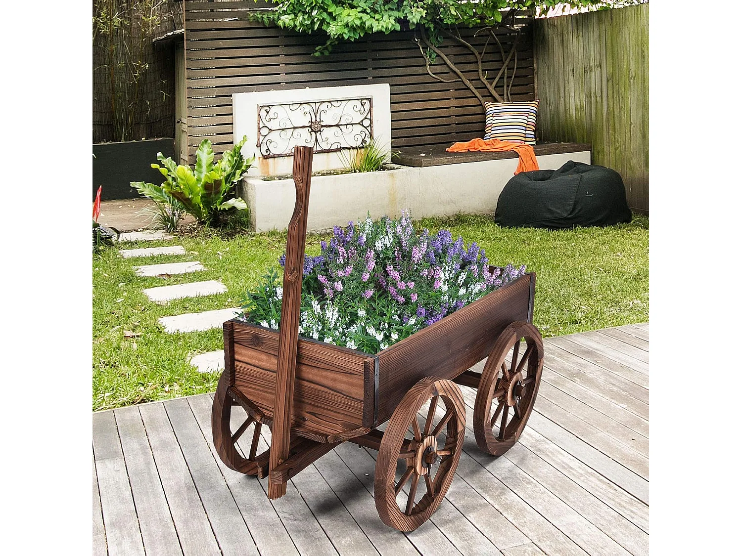 Bloemenwagen hout, plantenwagen 4 wielen, bloemkar plantenpot bolderkar tuindecoratie bruin 120 x 43 x 53,5 cm