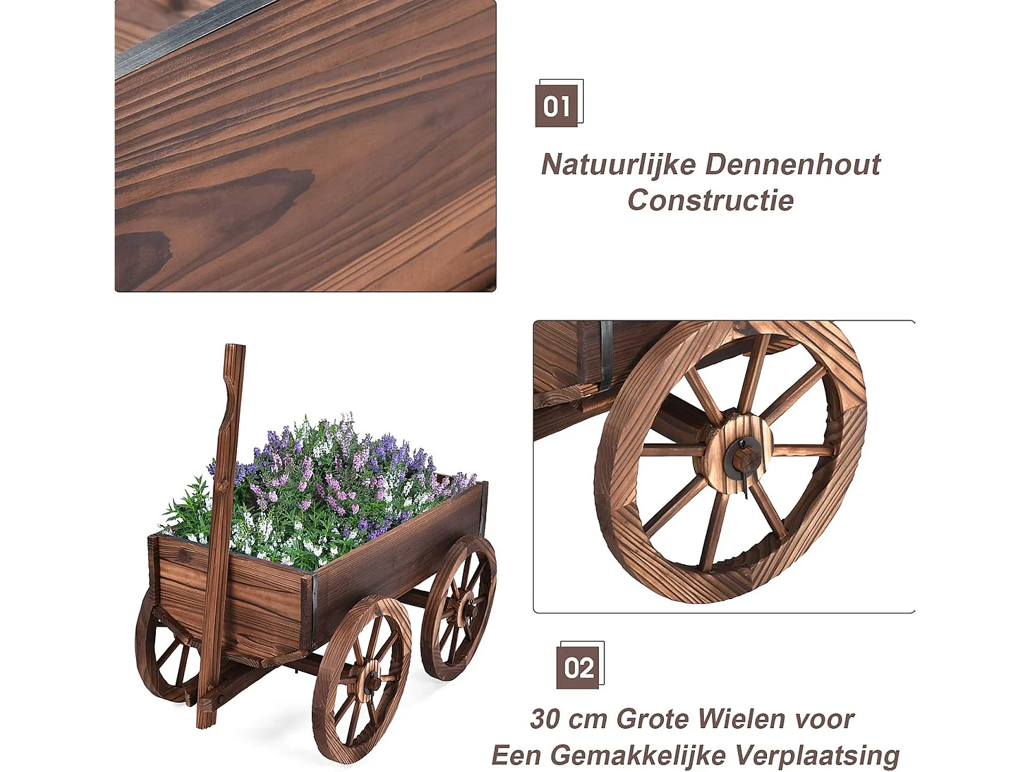 Bloemenwagen hout, plantenwagen 4 wielen, bloemkar plantenpot bolderkar tuindecoratie bruin 120 x 43 x 53,5 cm
