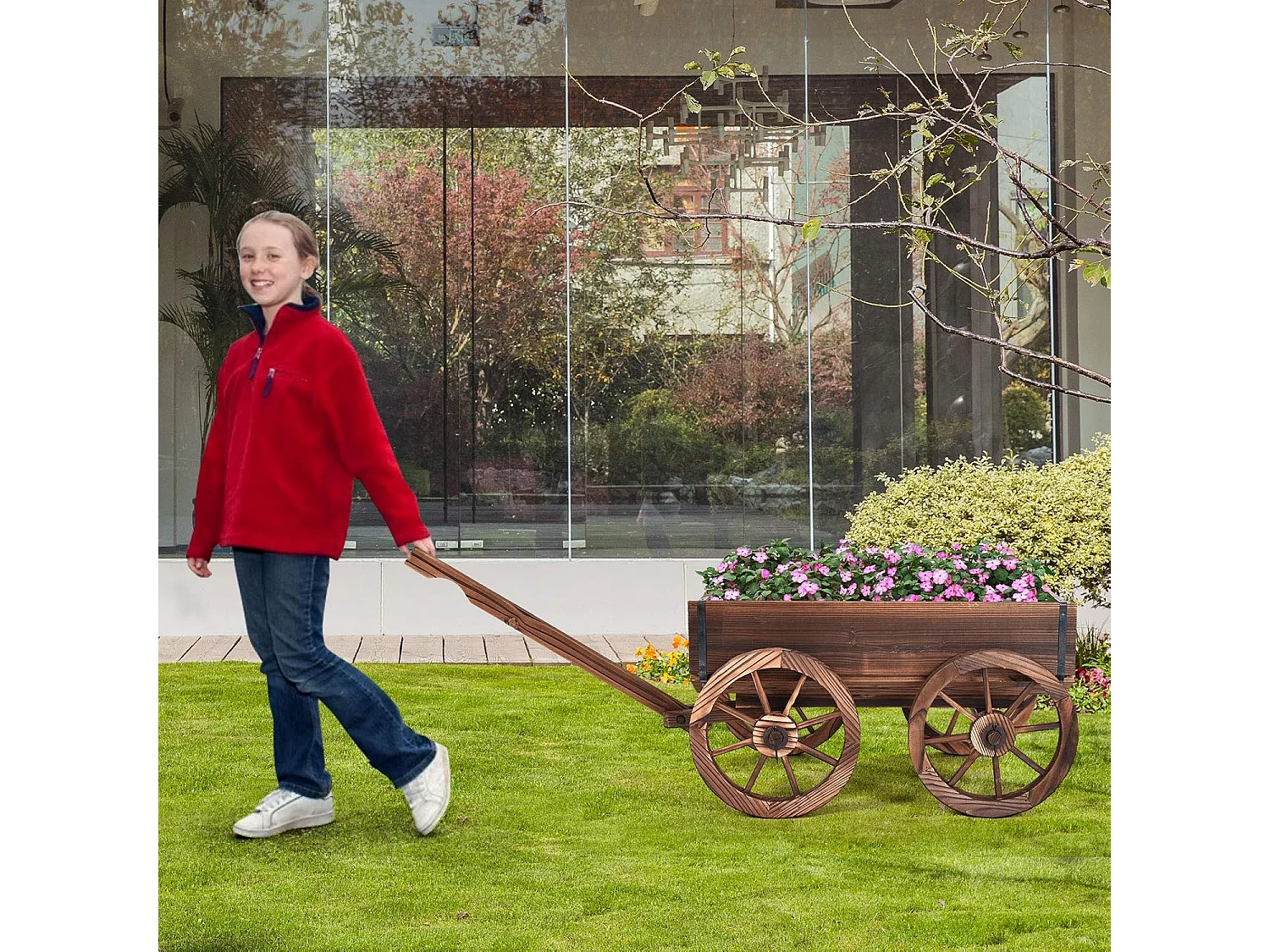 Bloemenwagen hout, plantenwagen 4 wielen, bloemkar plantenpot bolderkar tuindecoratie bruin 120 x 43 x 53,5 cm