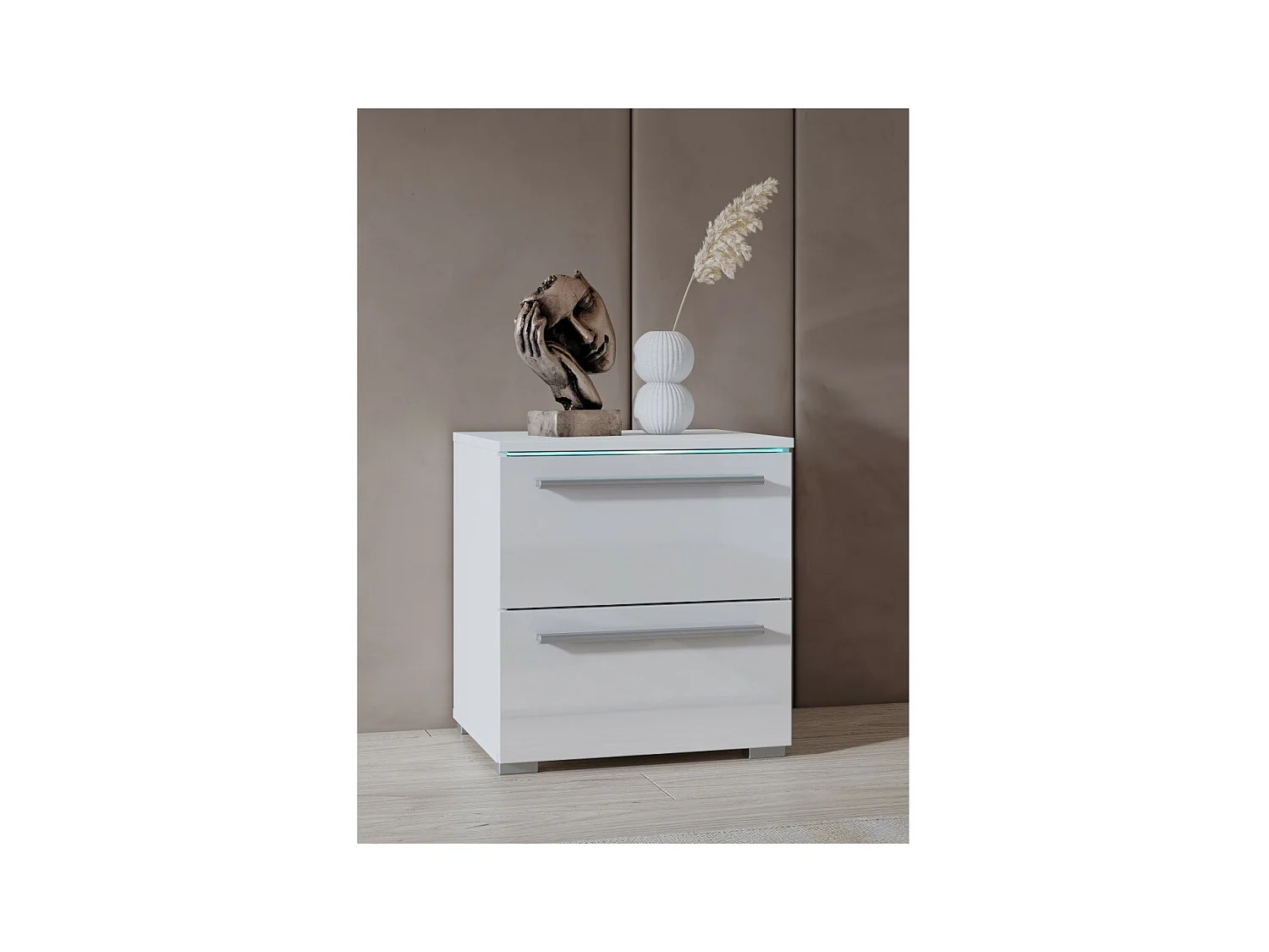 Table de chevet BOMBAY – Blanc – 2 tiroirs – Éclairage LED multicolore – Design moderne