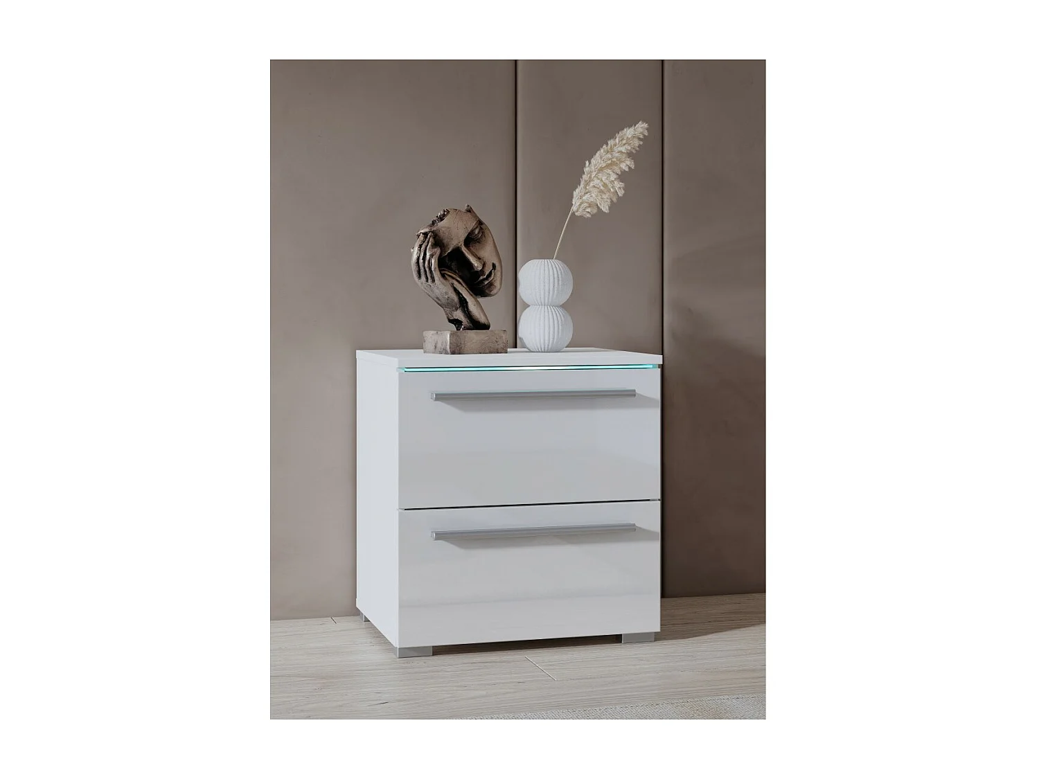 Table de chevet BOMBAY – Blanc – 2 tiroirs – Éclairage LED multicolore – Design moderne