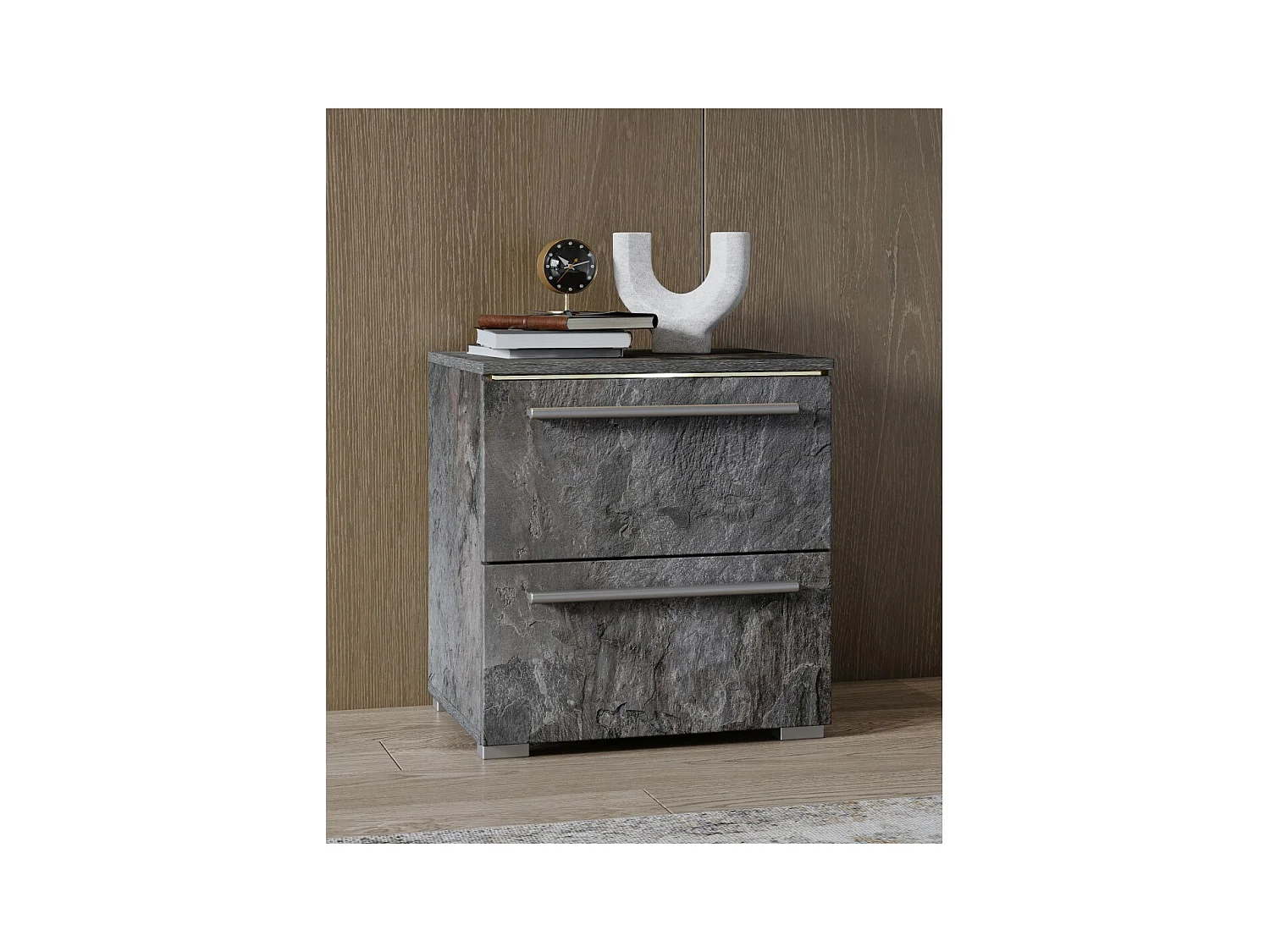 Mesa de cabeceira BOMBAY – Ardósia – 2 gavetas – Iluminação LED multicolorida – Design contemporâneo