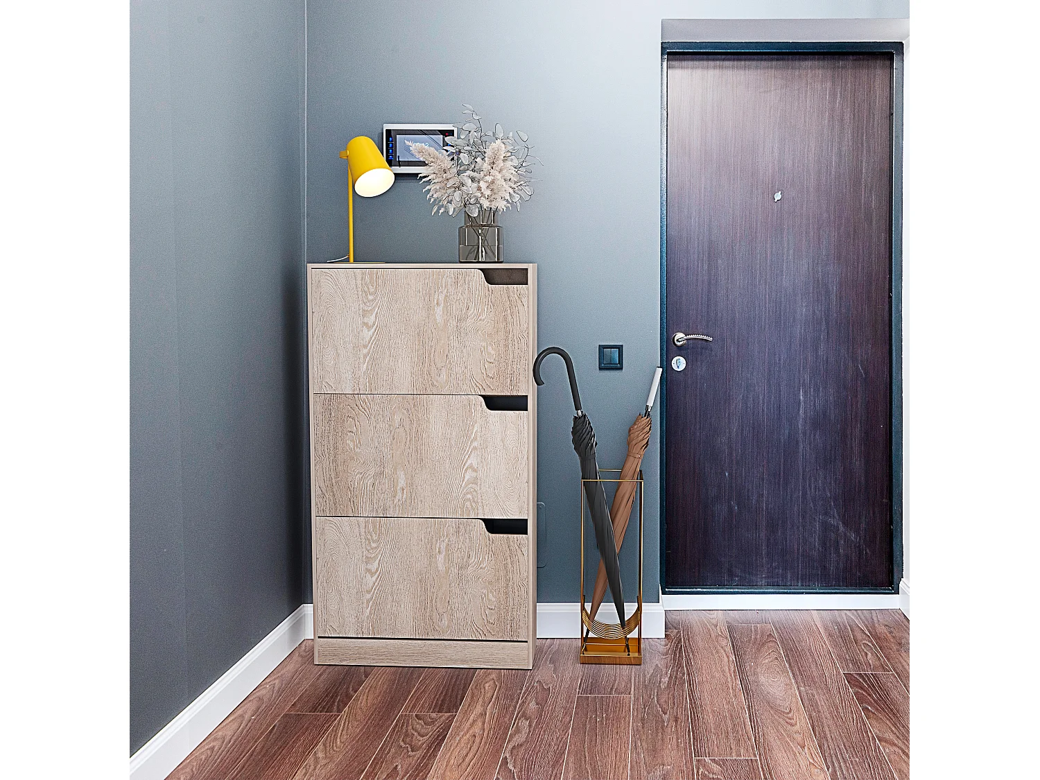 Scarpiera Portascarpe 3 Ante In Legno MDF Salvaspazio A Ribalta Maniglie A Scomparsa Per Ingresso Soggiorno Casa Camera 115x24x63 Cm Rovere