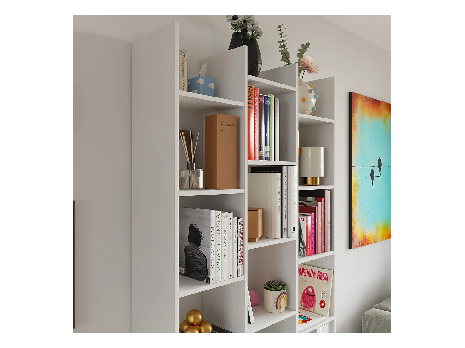 Libreria Marchina Design Cubico Scaffale Mensola Moderna Mobile per Libri con Ripiani per Soggiorno Salotto 192 x 96 x 25 cm Bianco Lucido
