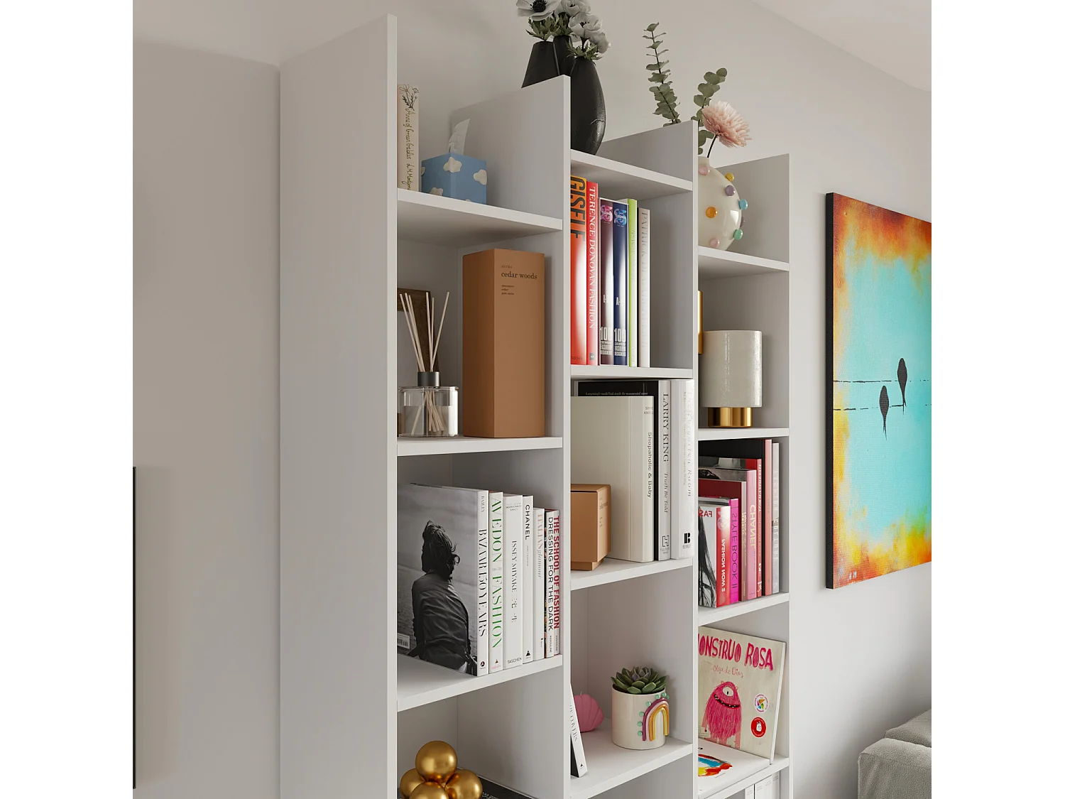 Libreria Marchina Design Cubico Scaffale Mensola Moderna Mobile per Libri con Ripiani per Soggiorno Salotto 192 x 96 x 25 cm Bianco Lucido