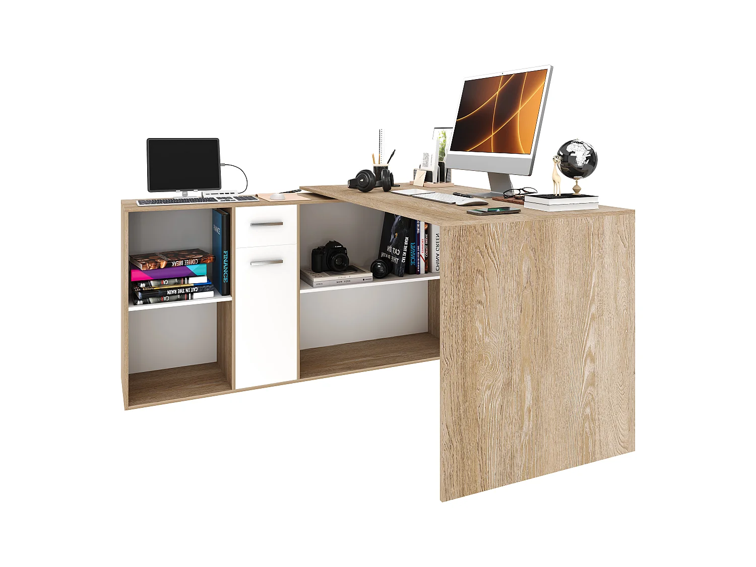Scrivania Multiposizione Multiuso 6 Scomparti Scrittoio Mobile Computer Laptop Desk Ufficio Soggiorno Camera Moderno 120 x 75 x 120 Cm Bianco E Rovere