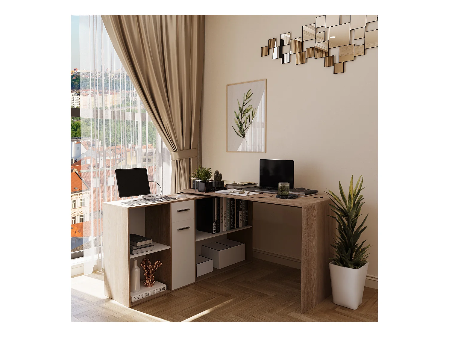 Scrivania Multiposizione Multiuso 6 Scomparti Scrittoio Mobile Computer Laptop Desk Ufficio Soggiorno Camera Moderno 120 x 75 x 120 Cm Bianco E Rovere