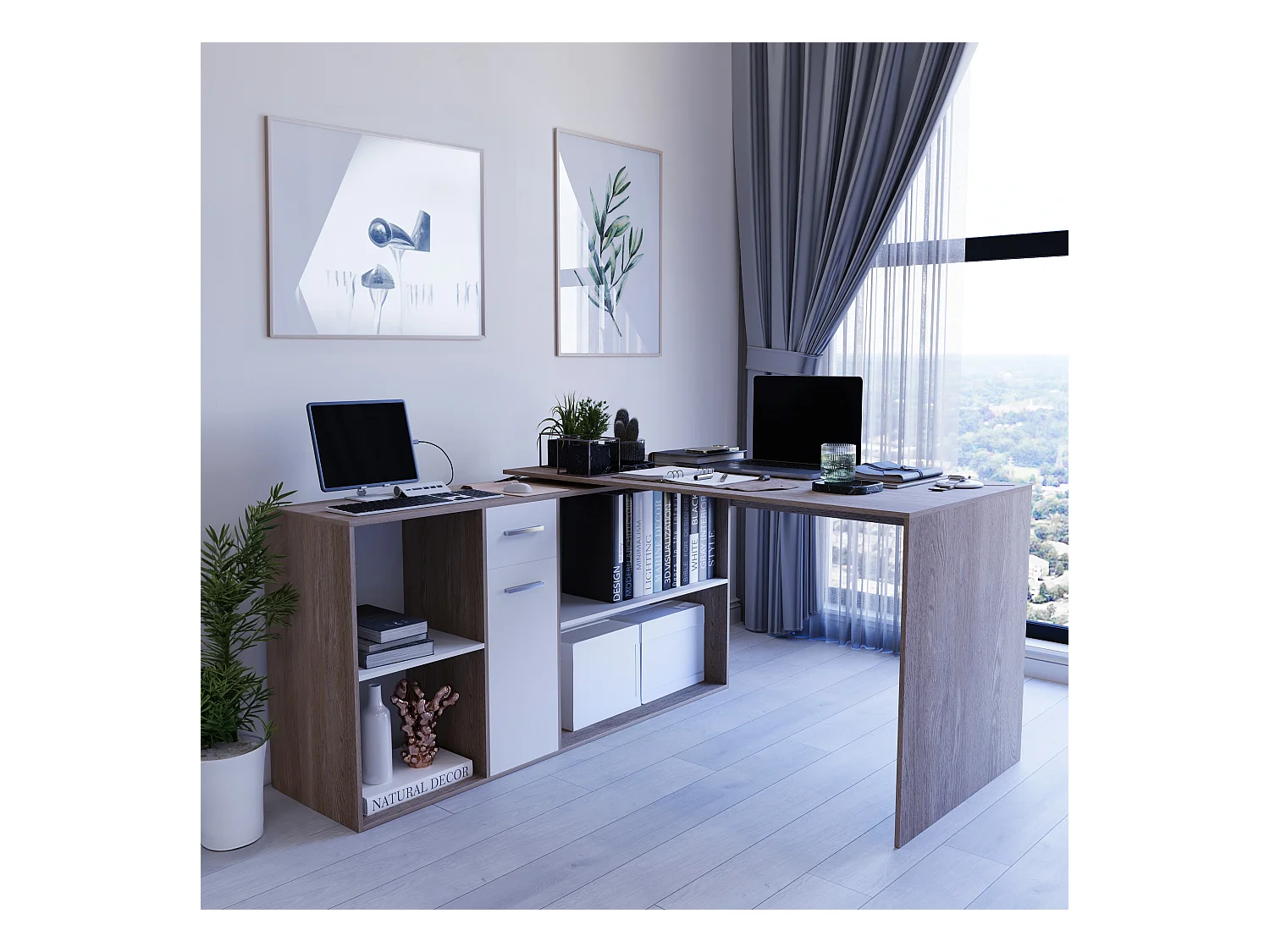 Scrivania Multiposizione Multiuso 6 Scomparti Scrittoio Mobile Computer Laptop Desk Ufficio Soggiorno Camera Moderno 120 x 75 x 120 Cm Bianco E Rovere