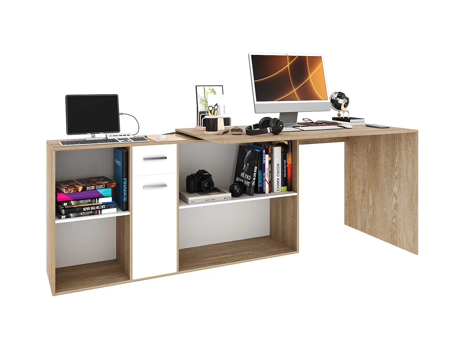 Scrivania Multiposizione Multiuso 6 Scomparti Scrittoio Mobile Computer Laptop Desk Ufficio Soggiorno Camera Moderno 120 x 75 x 120 Cm Bianco E Rovere