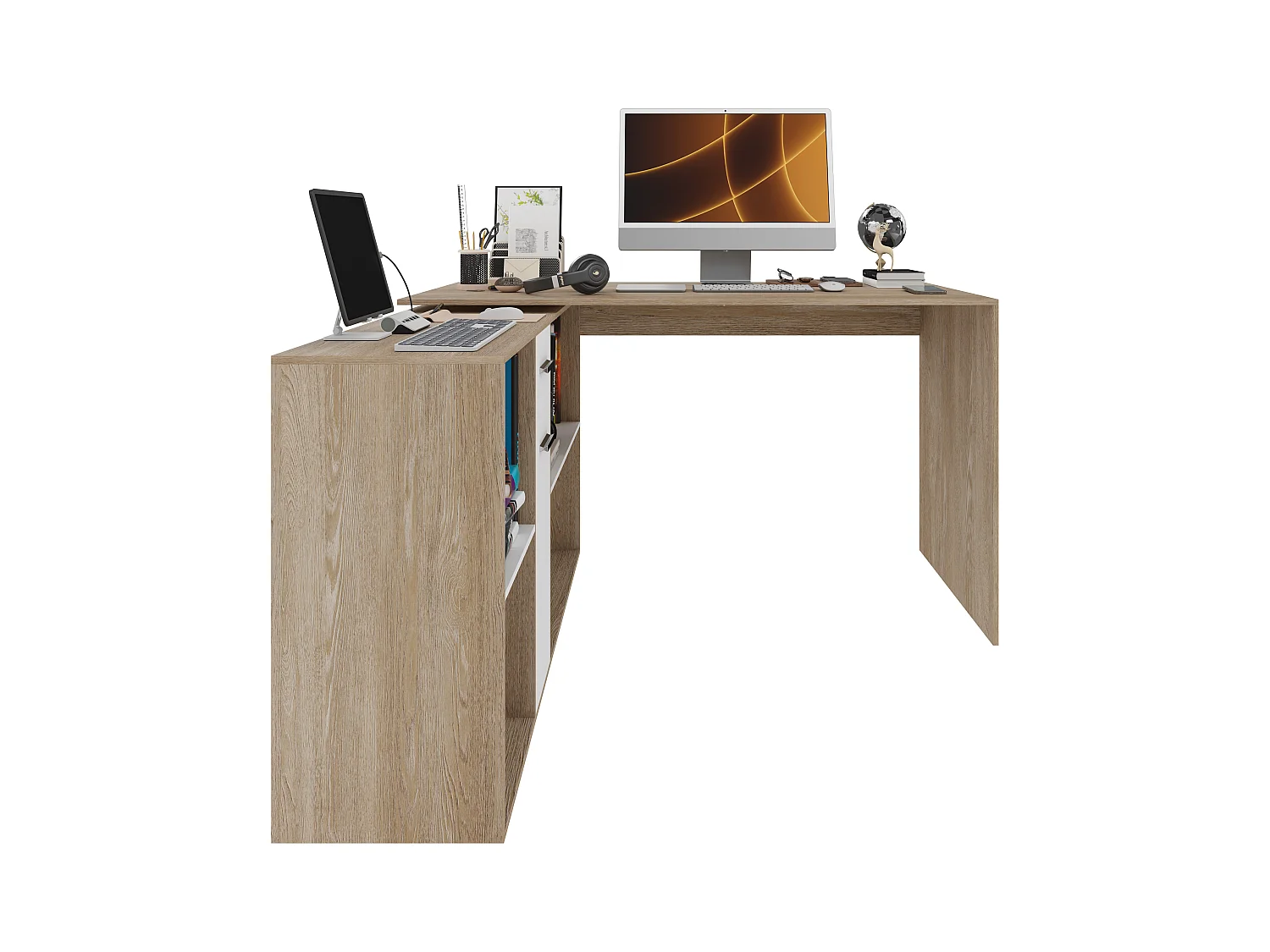 Scrivania Multiposizione Multiuso 6 Scomparti Scrittoio Mobile Computer Laptop Desk Ufficio Soggiorno Camera Moderno 120 x 75 x 120 Cm Bianco E Rovere