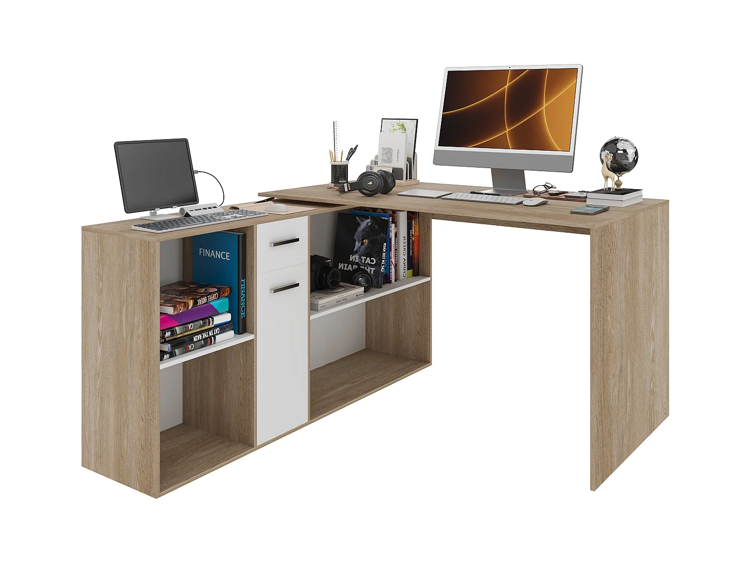 Scrivania Multiposizione Multiuso 6 Scomparti Scrittoio Mobile Computer Laptop Desk Ufficio Soggiorno Camera Moderno 120 x 75 x 120 Cm Bianco E Rovere