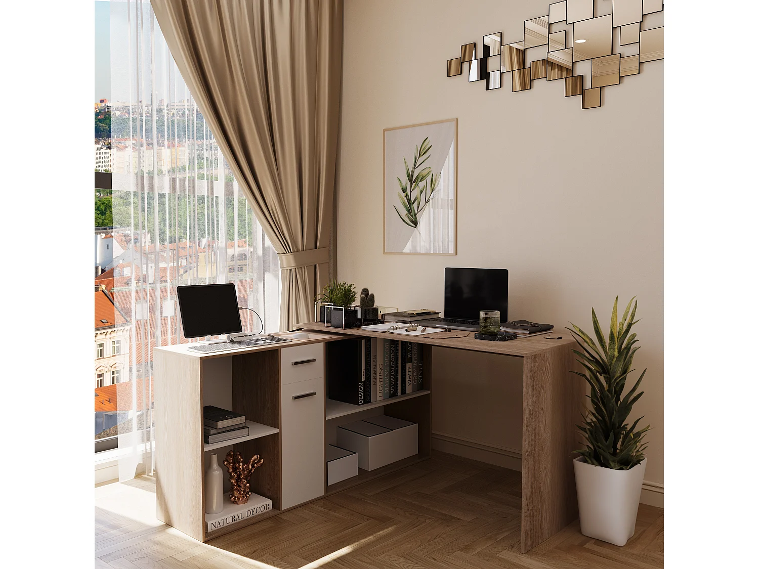 Scrivania Multiposizione Multiuso 6 Scomparti Scrittoio Mobile Computer Laptop Desk Ufficio Soggiorno Camera Moderno 120 x 75 x 120 Cm Bianco E Rovere