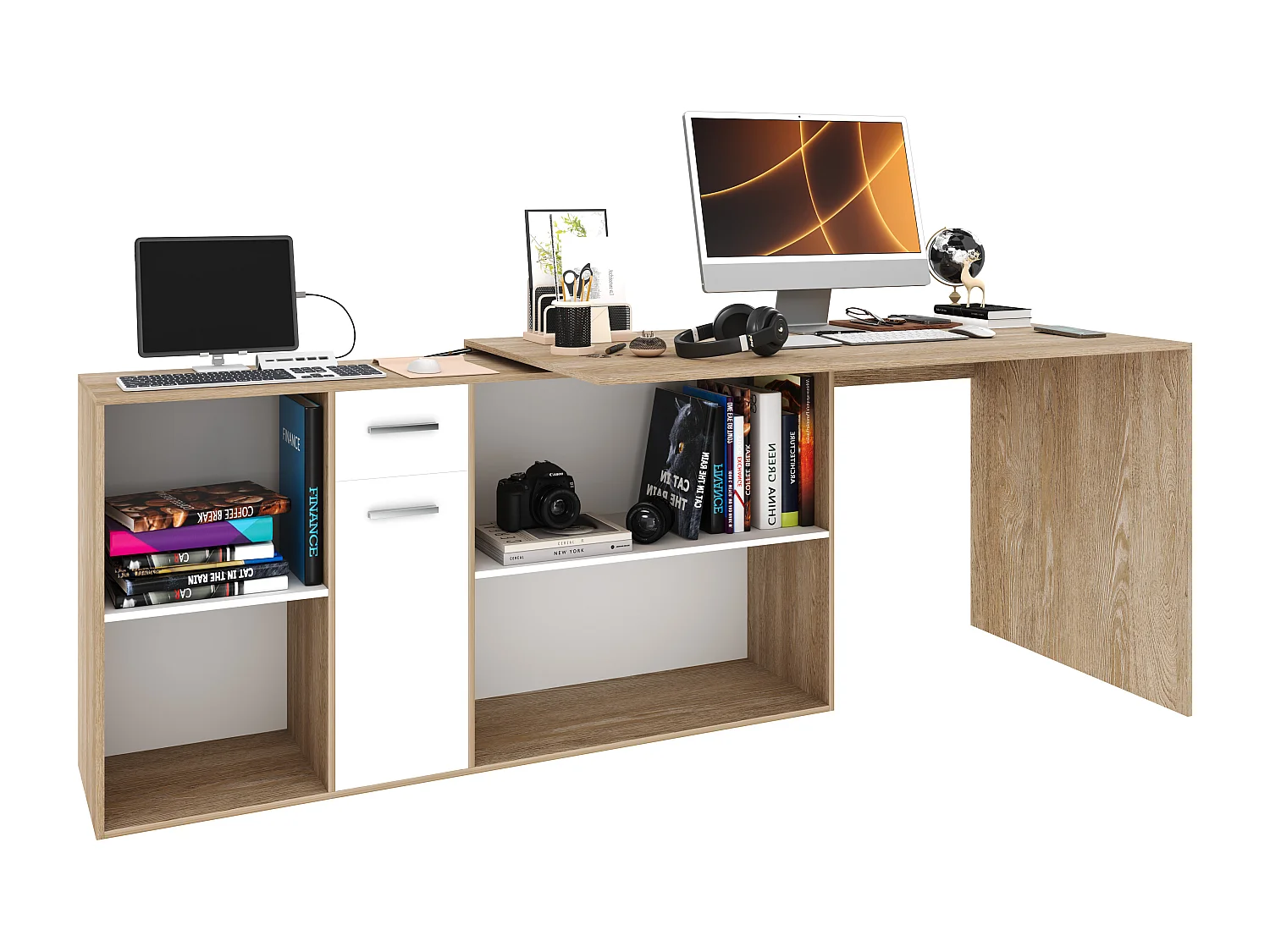 Scrivania Multiposizione Multiuso 6 Scomparti Scrittoio Mobile Computer Laptop Desk Ufficio Soggiorno Camera Moderno 120 x 75 x 120 Cm Bianco E Rovere