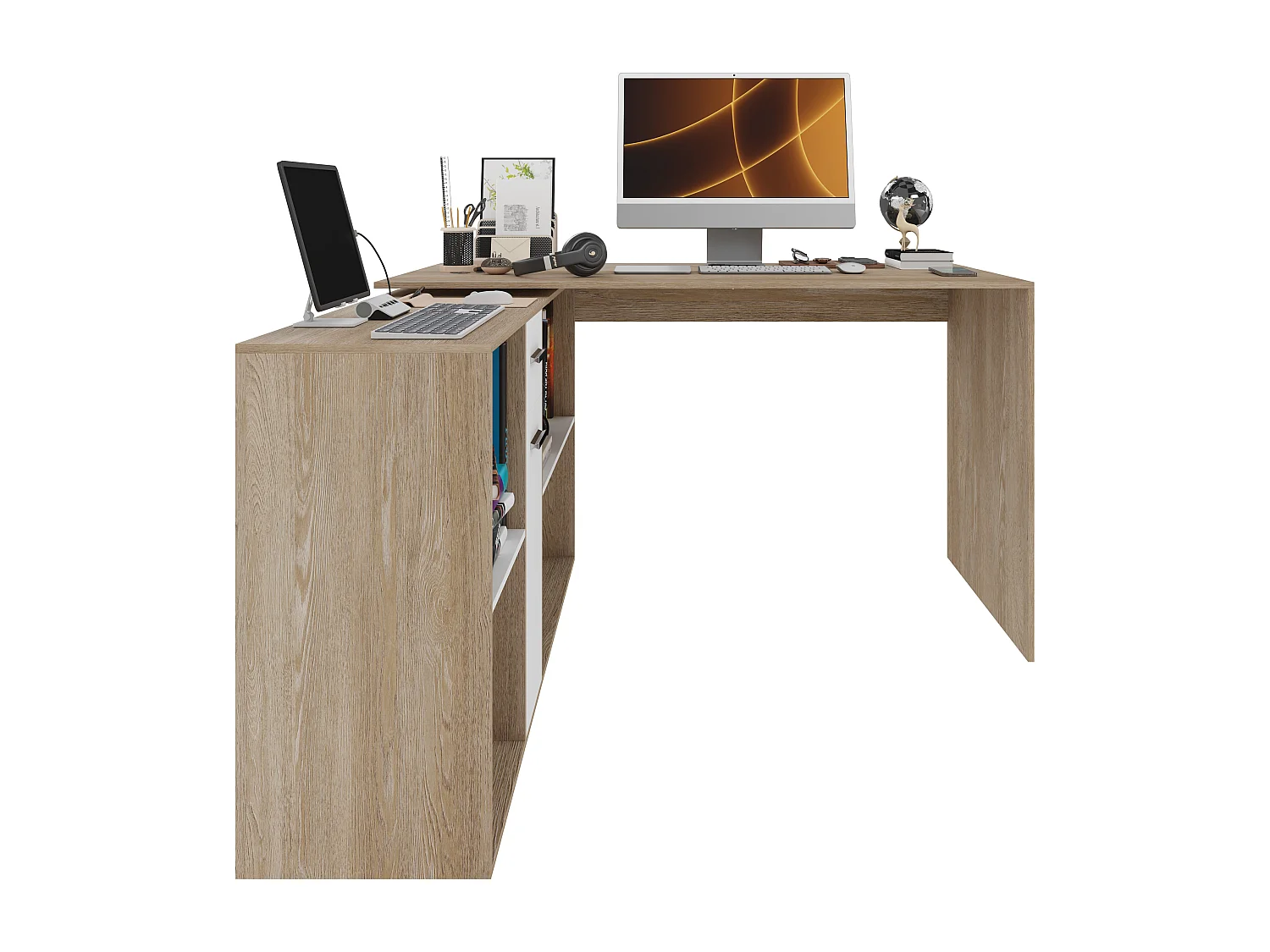 Scrivania Multiposizione Multiuso 6 Scomparti Scrittoio Mobile Computer Laptop Desk Ufficio Soggiorno Camera Moderno 120 x 75 x 120 Cm Bianco E Rovere