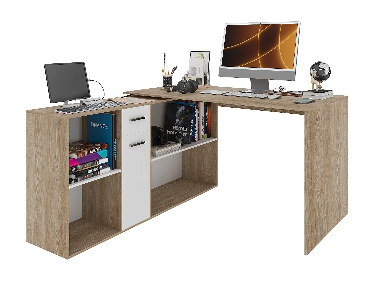 Scrivania Multiposizione Multiuso 6 Scomparti Scrittoio Mobile Computer Laptop Desk Ufficio Soggiorno Camera Moderno 120 x 75 x 120 Cm Bianco E Rovere