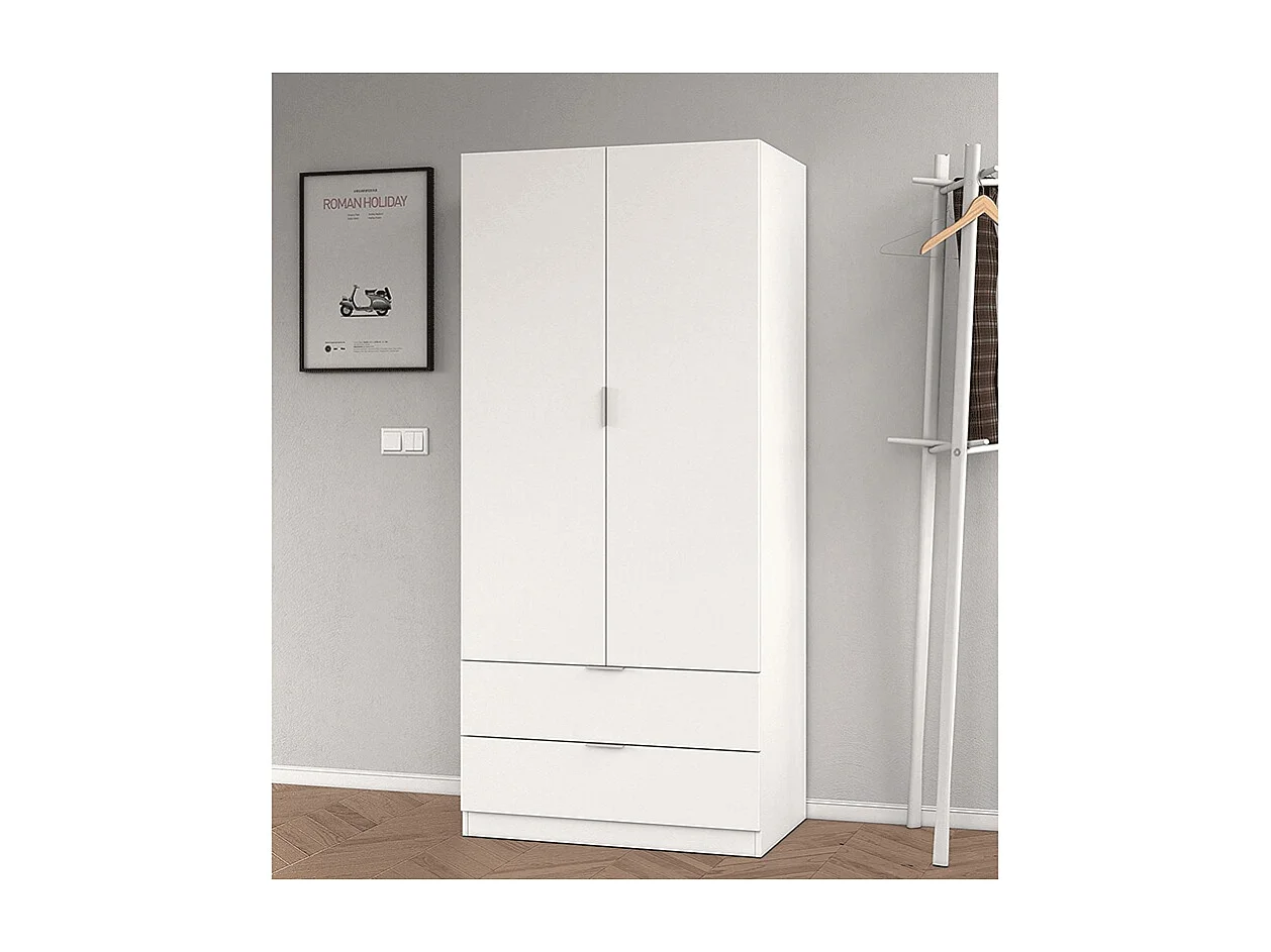 Armadio Santa Clara Armadietto Multiuso per Camera da Letto con Appendiabiti 2 Ante con Maniglie in Metallo e 2 Cassetti 180 x 81 x 52 Cm Bianco