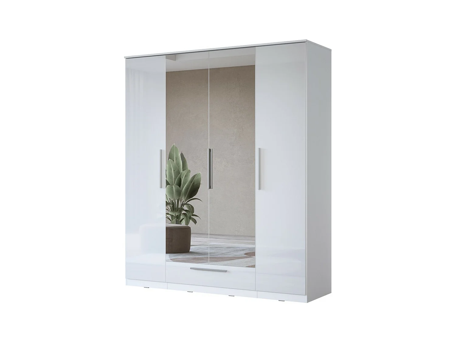 Armoire blanche BOMBAY design 4 portes miroir avec LED multicolore et tiroir