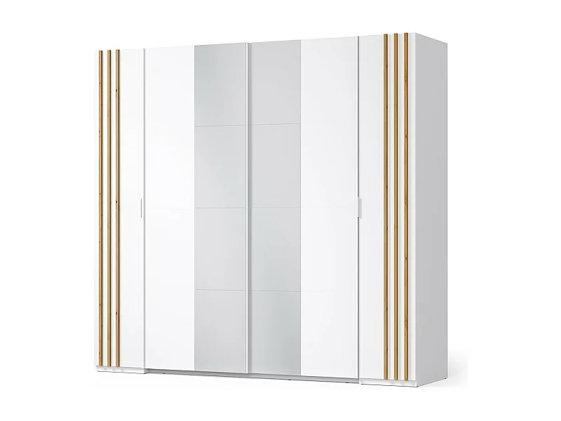 Armario FLORENCE – Blanco y roble – 2 puertas correderas + 2 batientes – L218 cm – 10 estantes