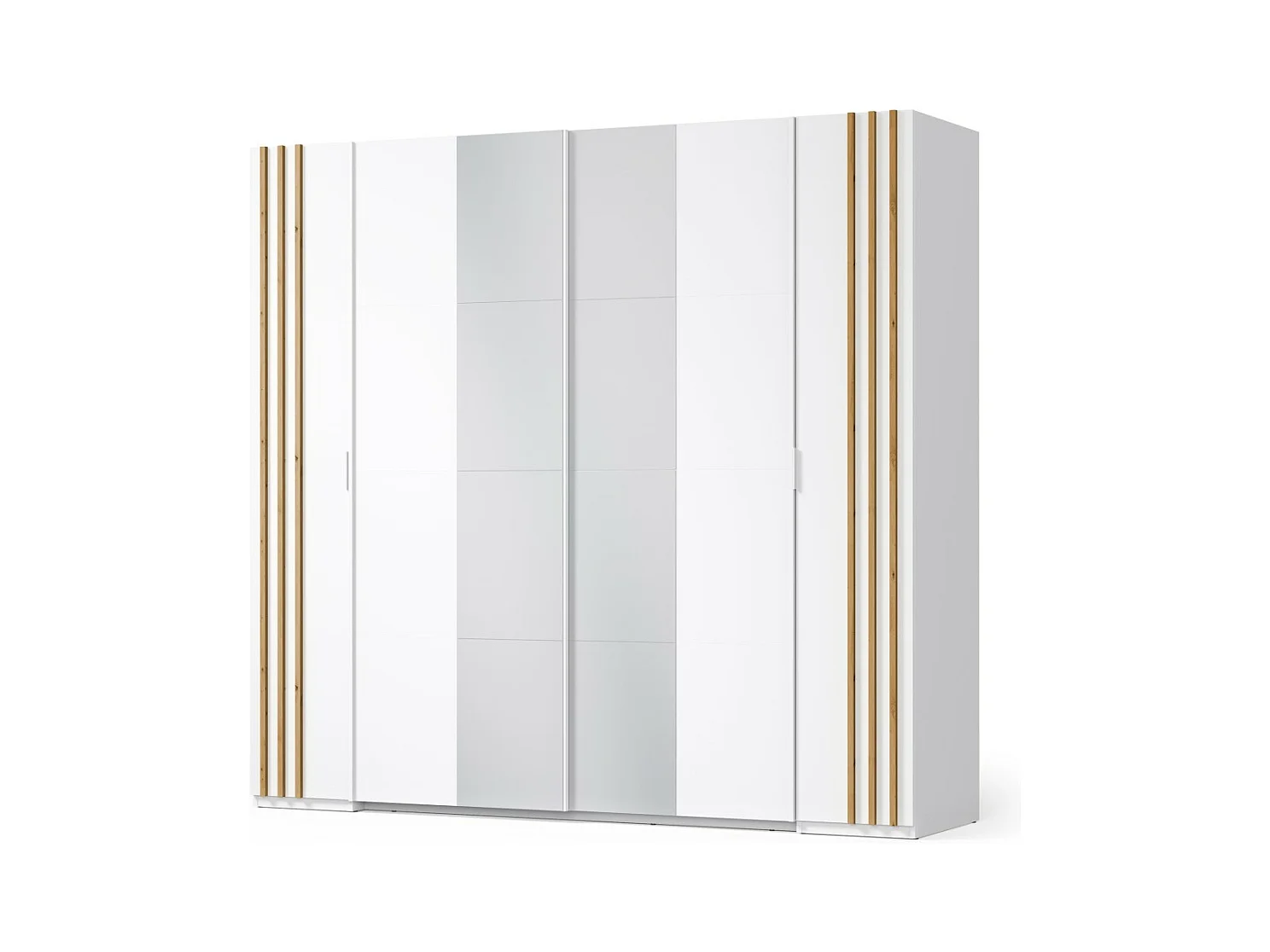 Armario FLORENCE – Blanco y roble – 2 puertas correderas + 2 batientes – L218 cm – 10 estantes