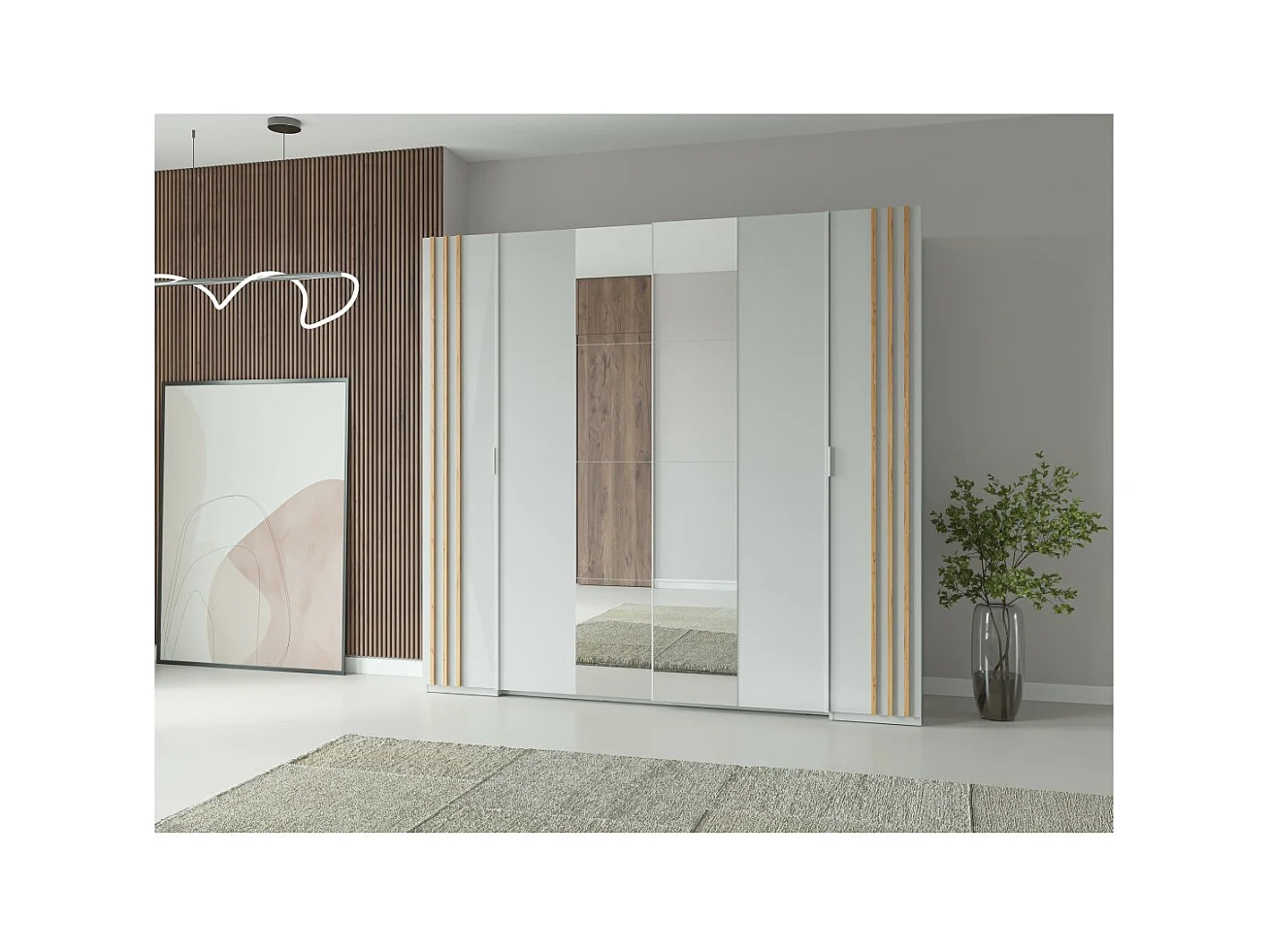 Armario FLORENCE – Blanco y roble – 2 puertas correderas + 2 batientes – L218 cm – 10 estantes