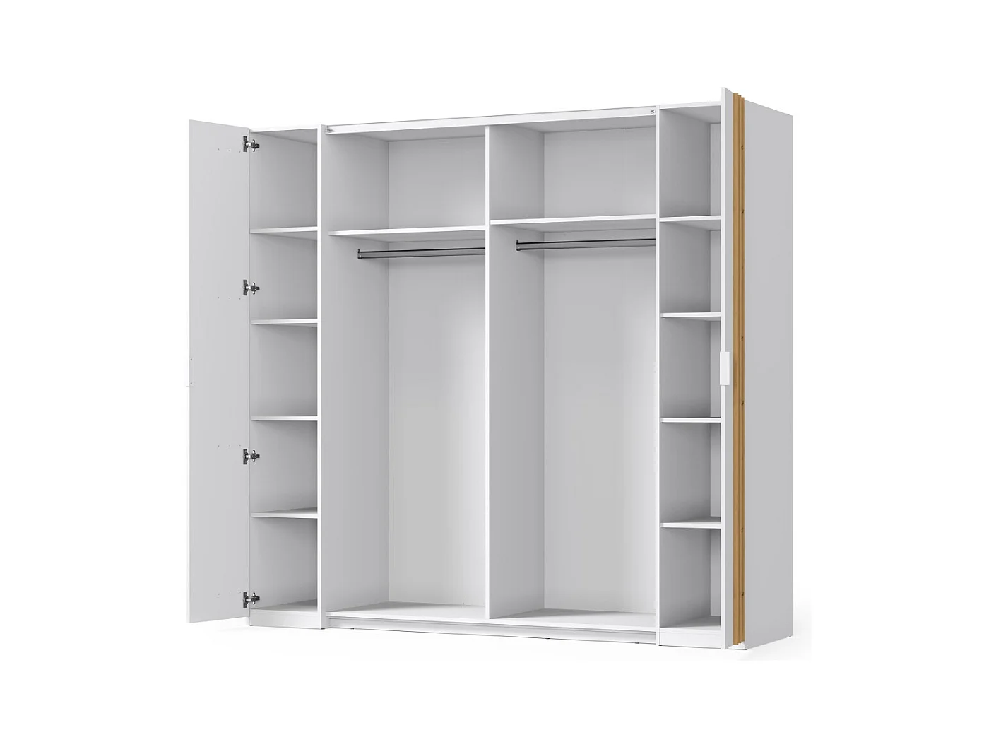 Armario FLORENCE – Blanco y roble – 2 puertas correderas + 2 batientes – L218 cm – 10 estantes