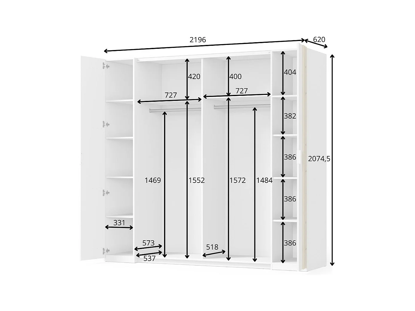 Armario FLORENCE – Blanco y roble – 2 puertas correderas + 2 batientes – L218 cm – 10 estantes