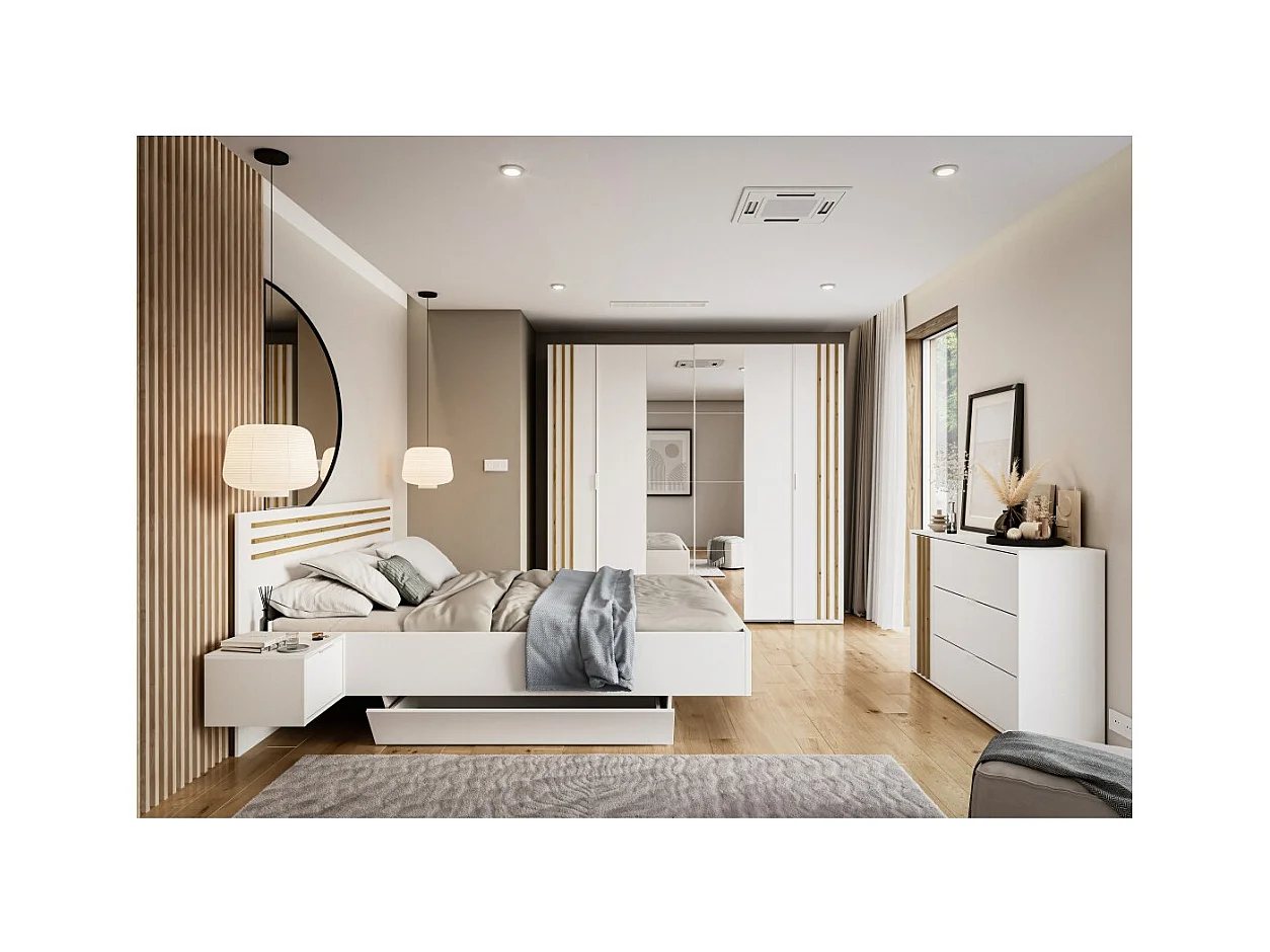 Armario FLORENCE – Blanco y roble – 2 puertas correderas + 2 batientes – L218 cm – 10 estantes