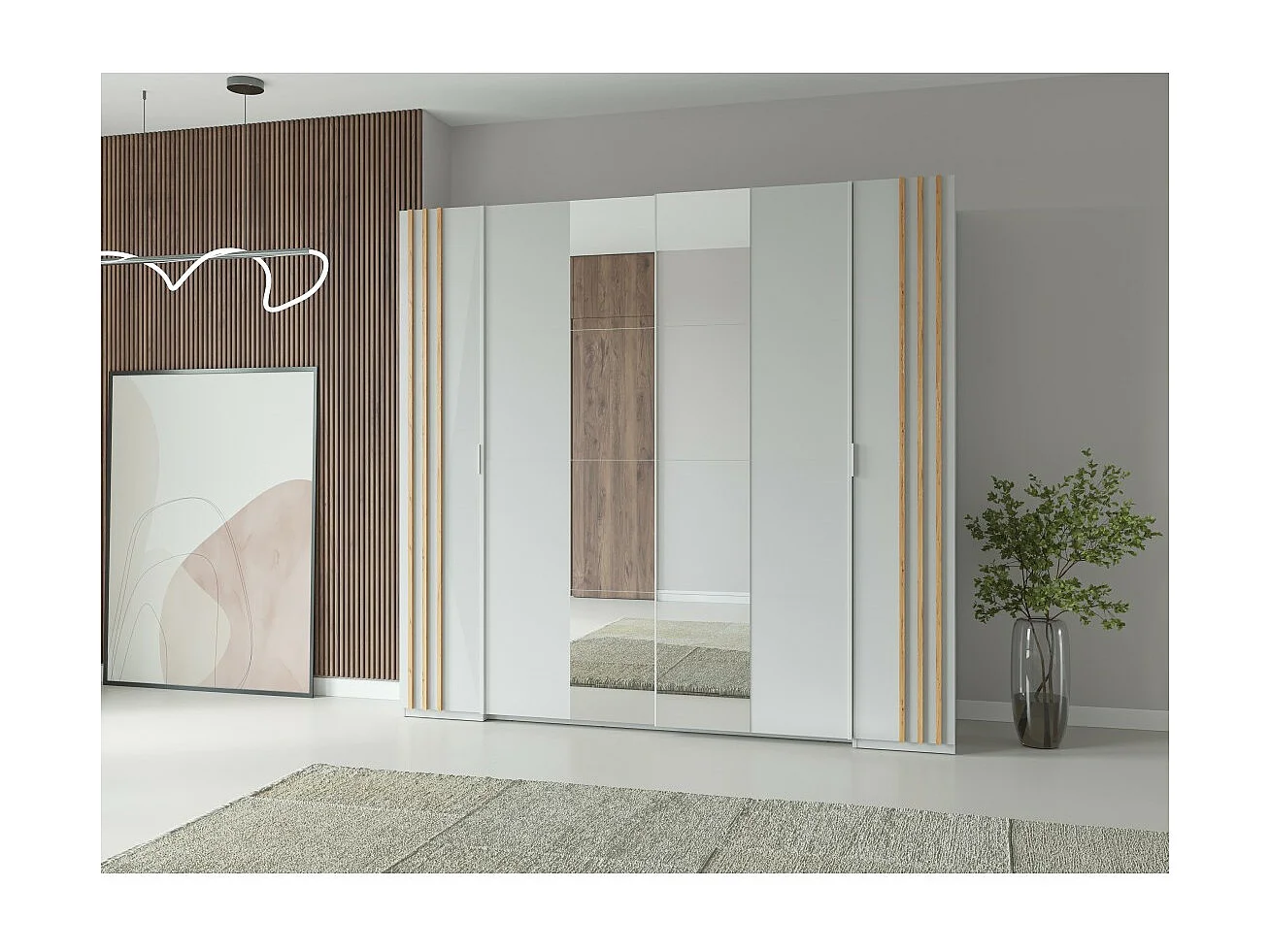 Armoire FLORENCE – Blanc et chêne – 2 portes coulissantes + 2 battantes – L218 cm – 10 étagères