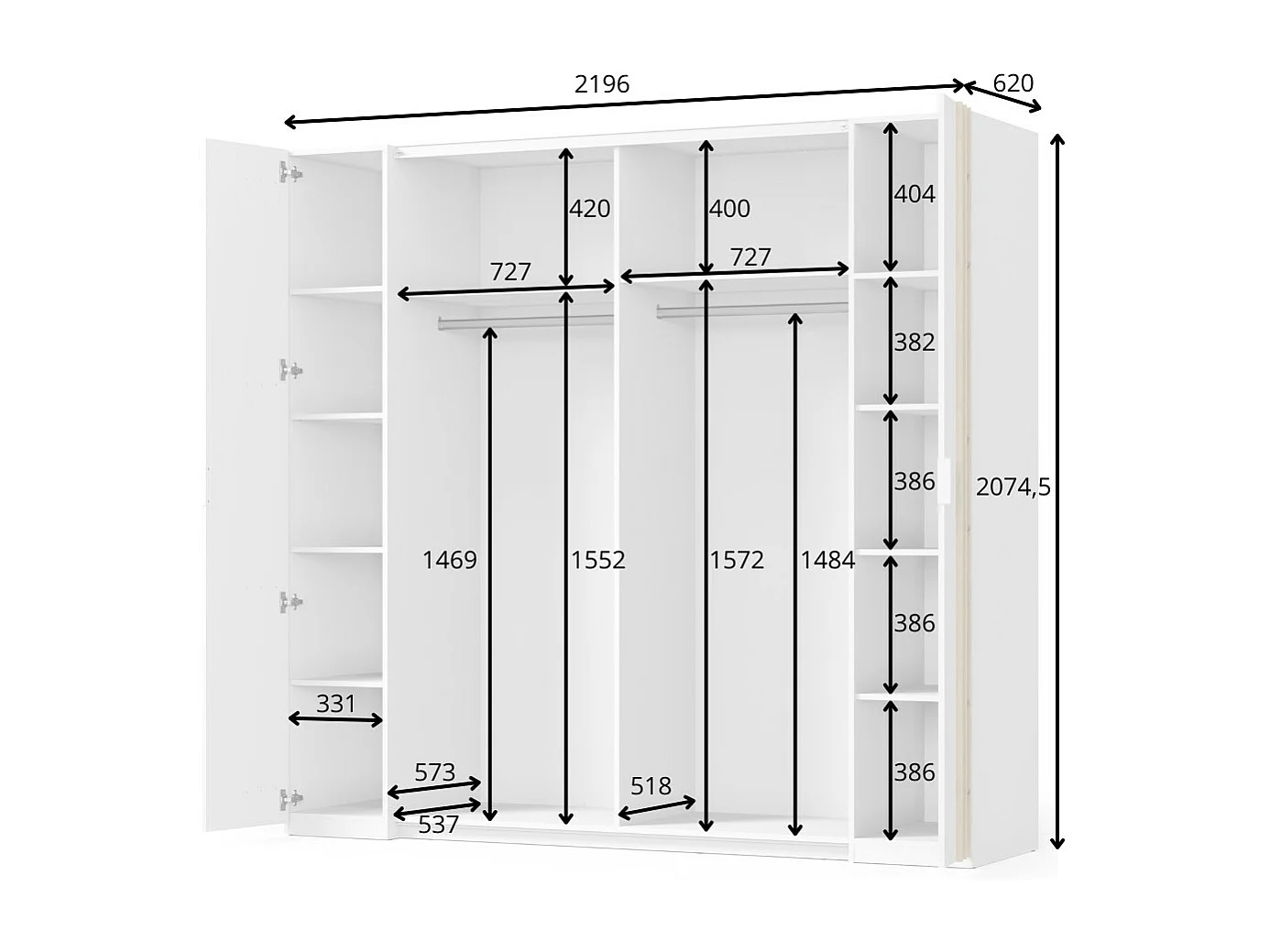Armoire FLORENCE – Blanc et chêne – 2 portes coulissantes + 2 battantes – L218 cm – 10 étagères