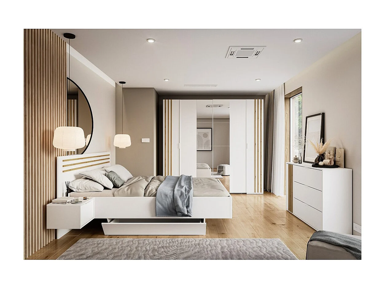 Armoire FLORENCE – Blanc et chêne – 2 portes coulissantes + 2 battantes – L218 cm – 10 étagères