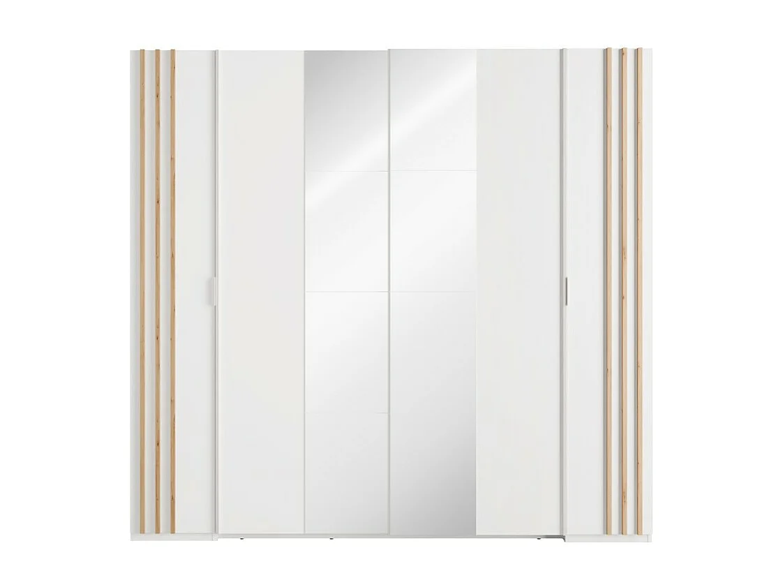 Armoire FLORENCE – Blanc et chêne – 2 portes coulissantes + 2 battantes – L218 cm – 10 étagères