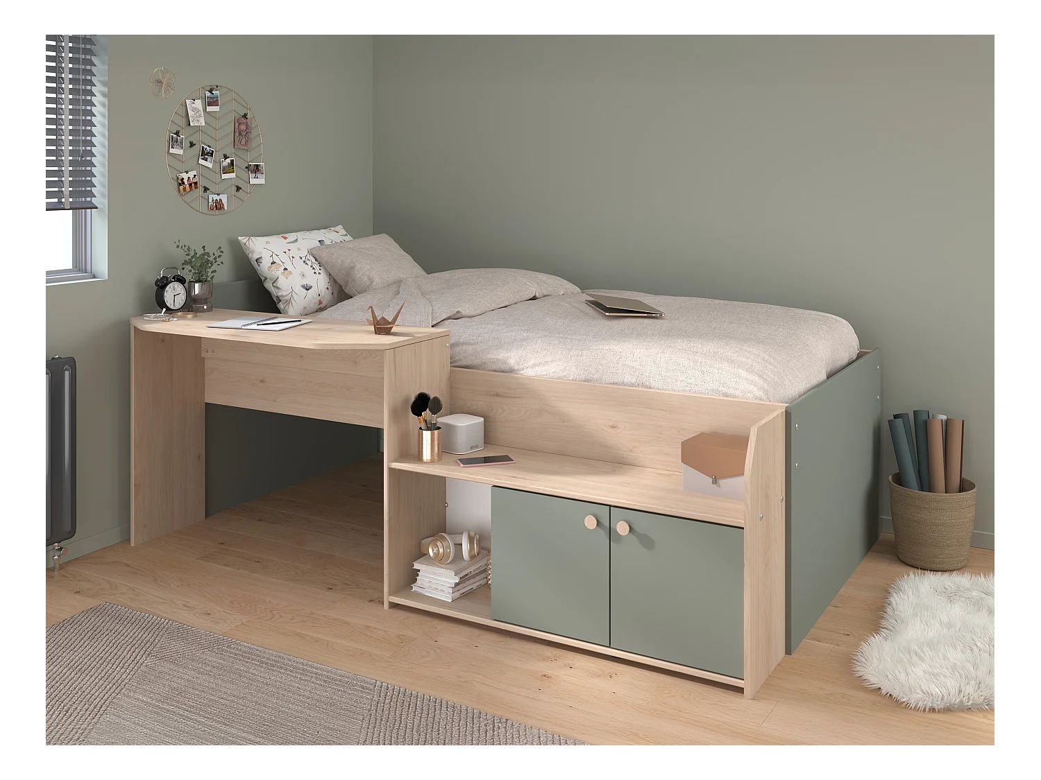 Letto combinato 90 x 190/200 cm Naturale e Verde + Rete a doghe + Materasso - MIVONA