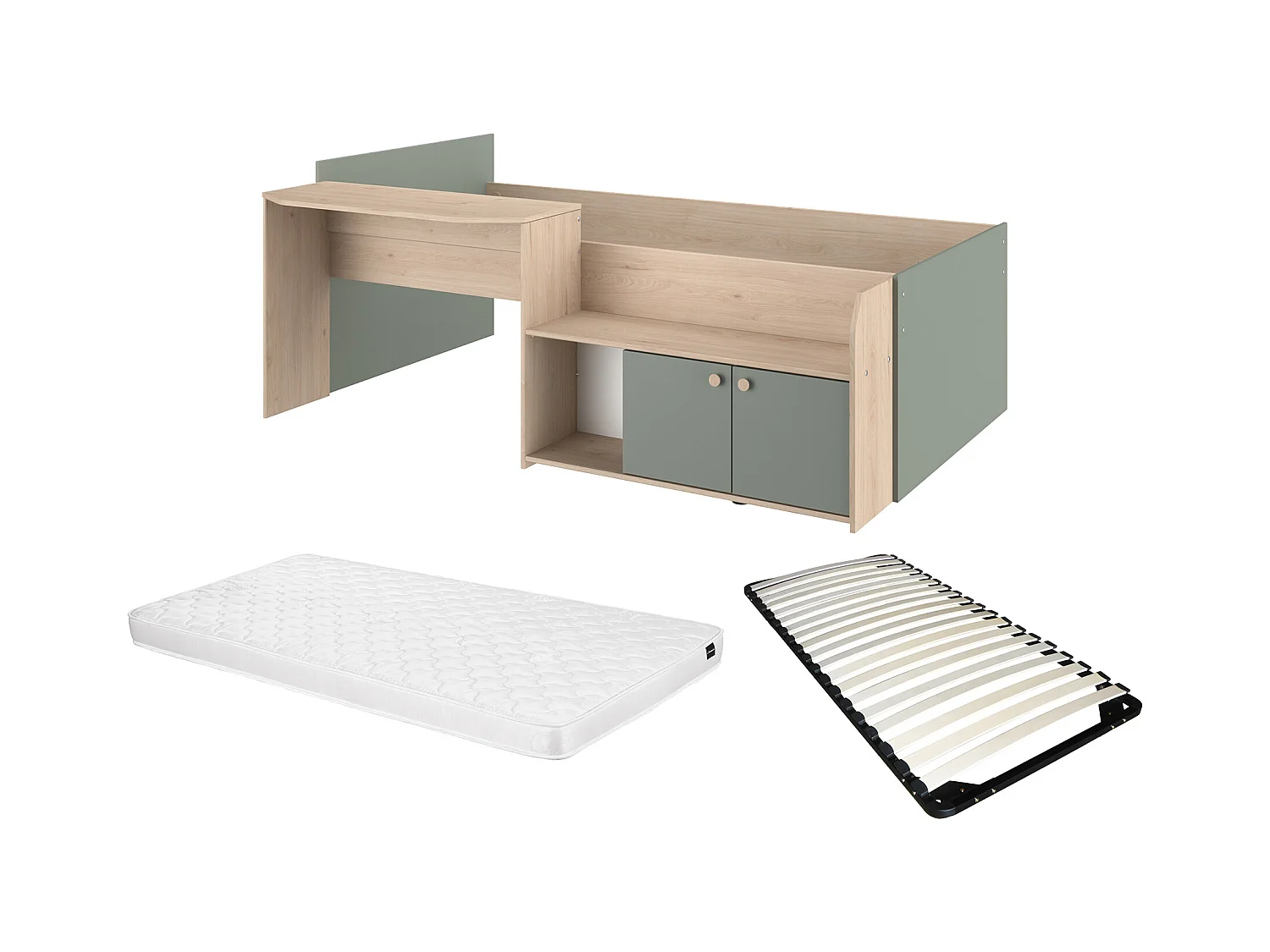Letto combinato 90 x 190/200 cm Naturale e Verde + Rete a doghe + Materasso - MIVONA