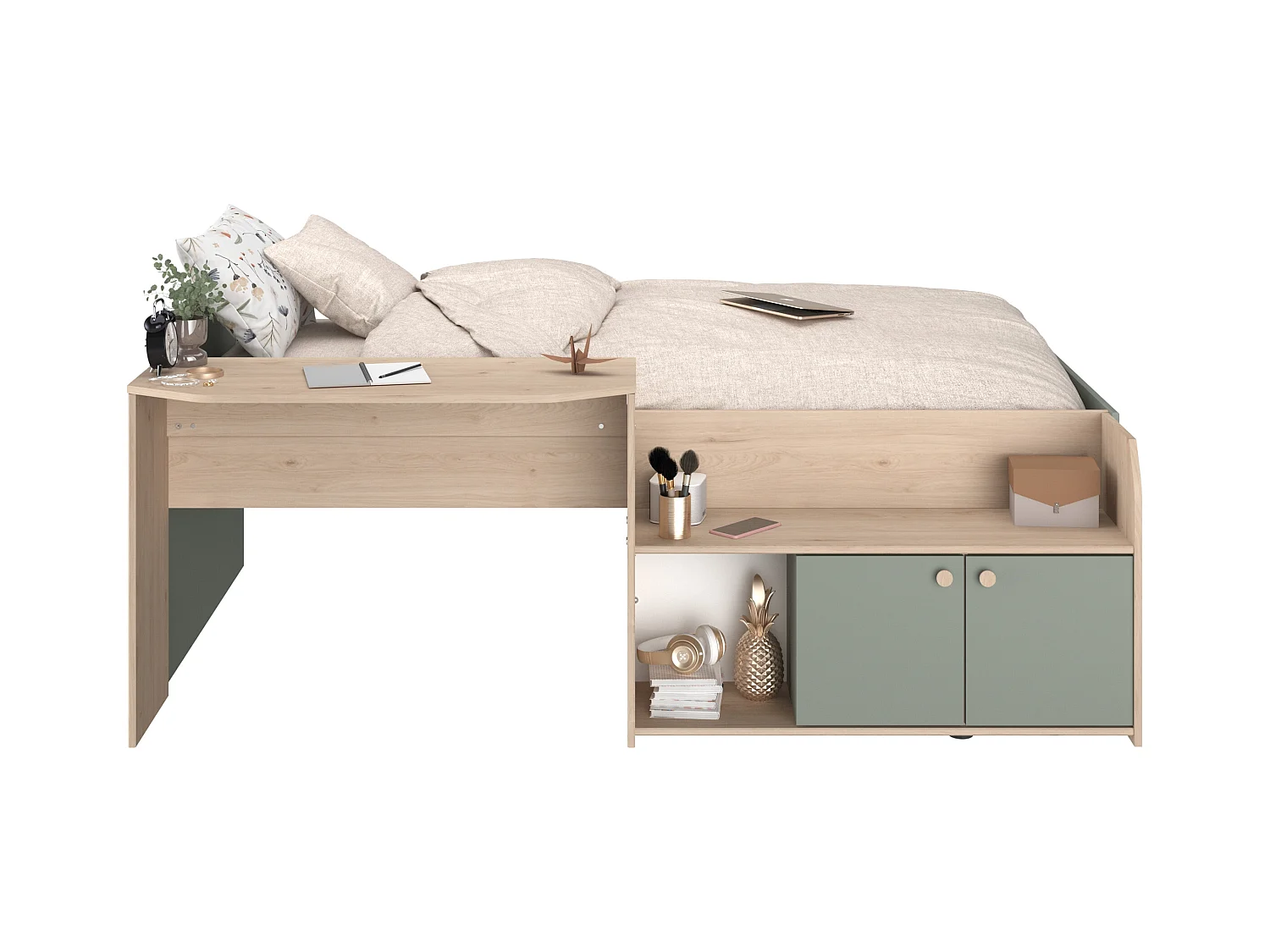 Lit combiné 90 x 190/200 cm - Coloris : Naturel et vert + Sommier + Matelas - MIVONA