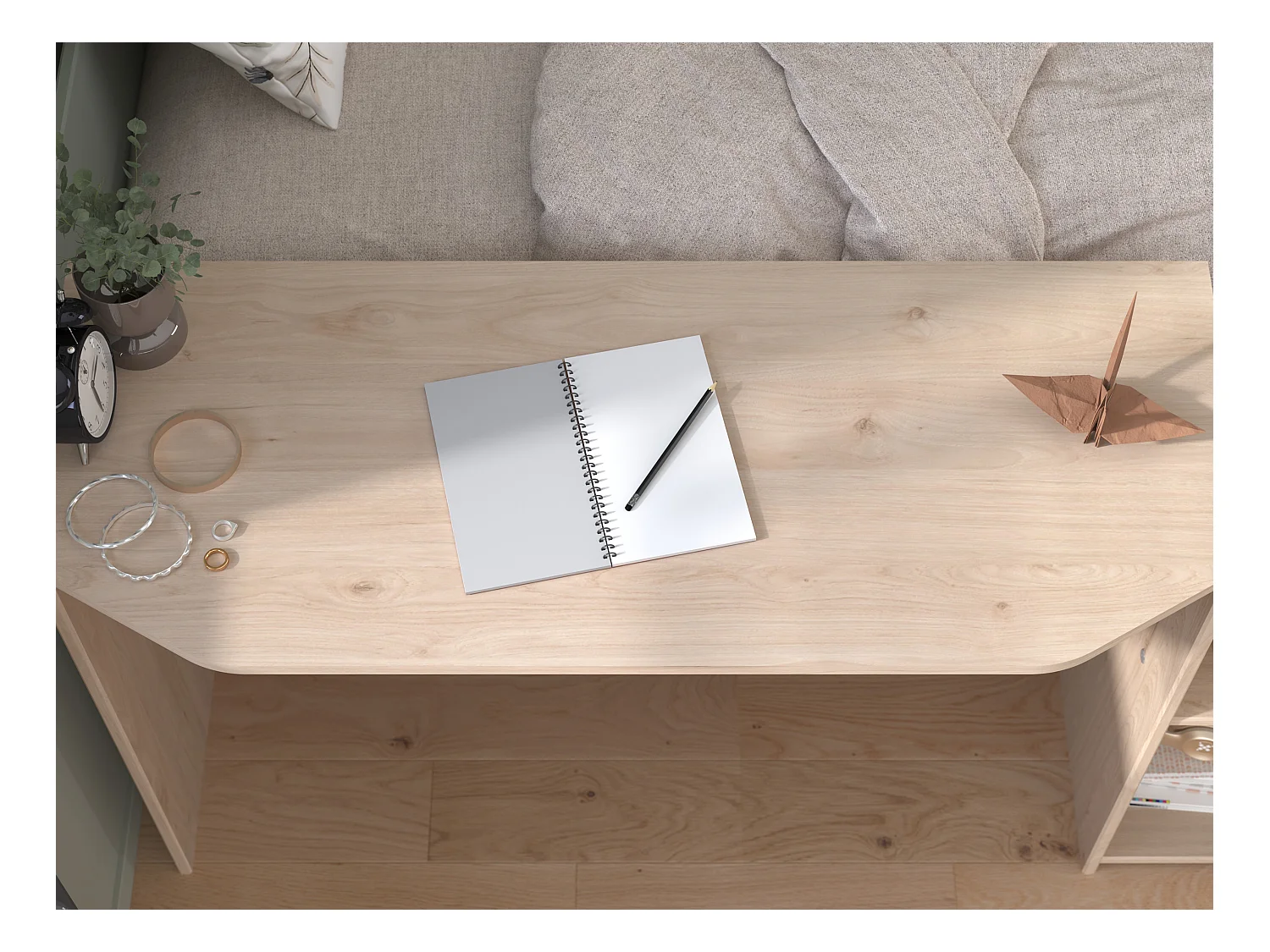 Lit combiné 90 x 190/200 cm - Coloris : Naturel et vert + Sommier + Matelas - MIVONA