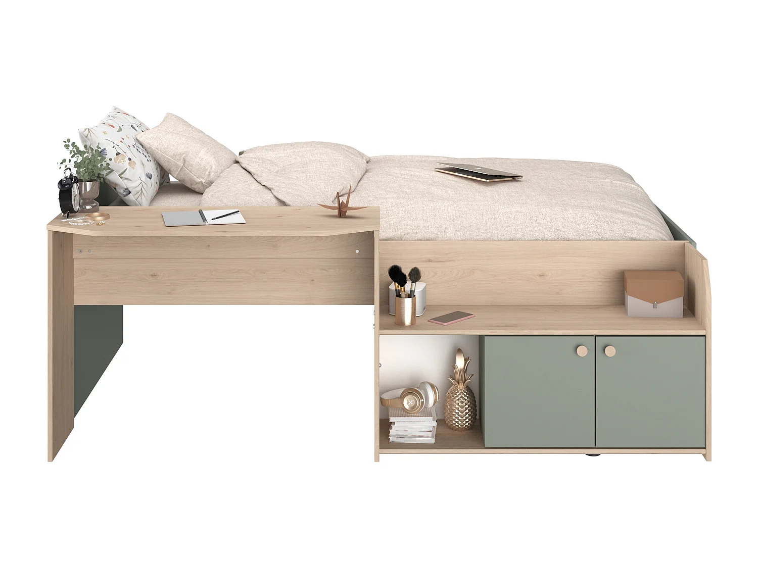 Lit combiné 90 x 190/200 cm - Coloris : Naturel et vert + Sommier + Matelas - MIVONA